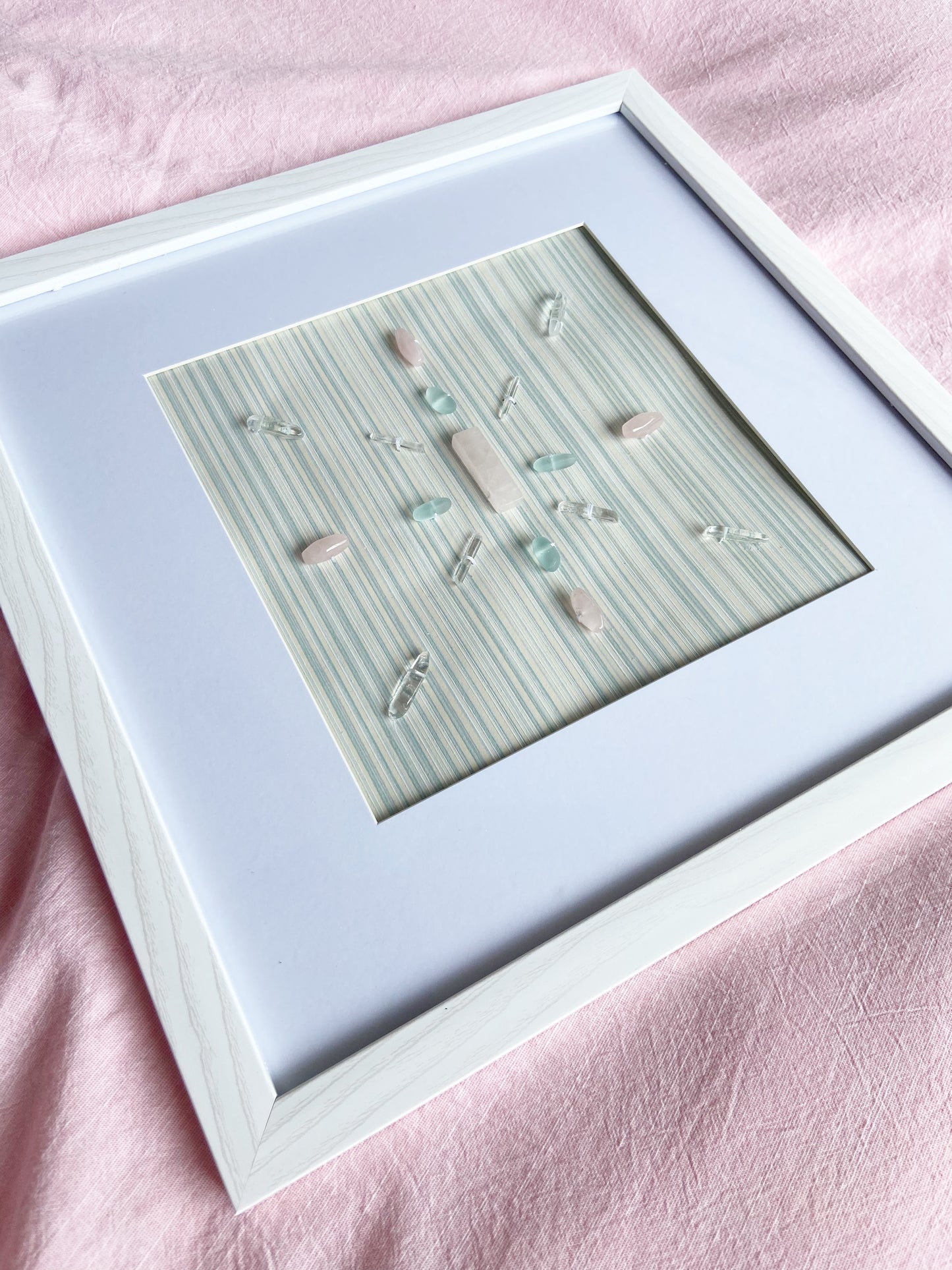 Framed Crystal Grid 10 x 10 - Rose Quartz, Quartz, Blue Glass
