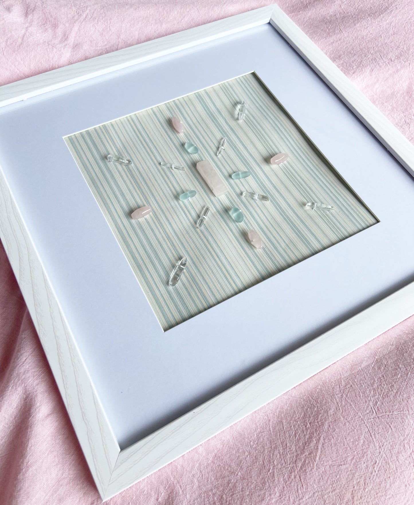 Framed Crystal Grid 13 x 13" - Rose Quartz, Quartz, Blue Glass
