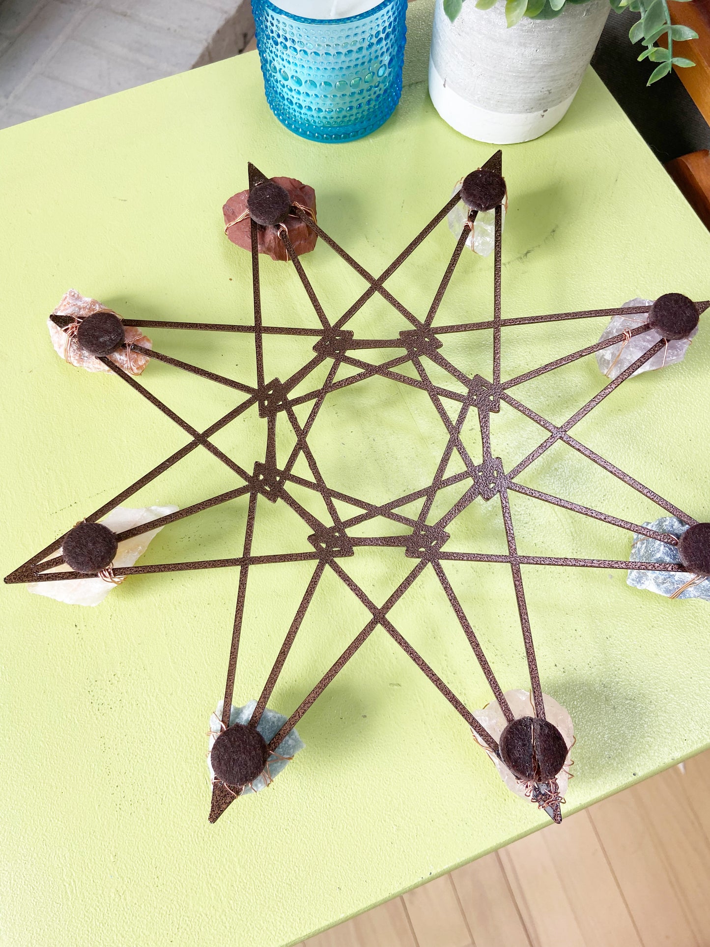 Sacred Geometry Wall Art - Wire-wrapped Raw Chakra Crystals - One of a Kind Crystal Grid 12"