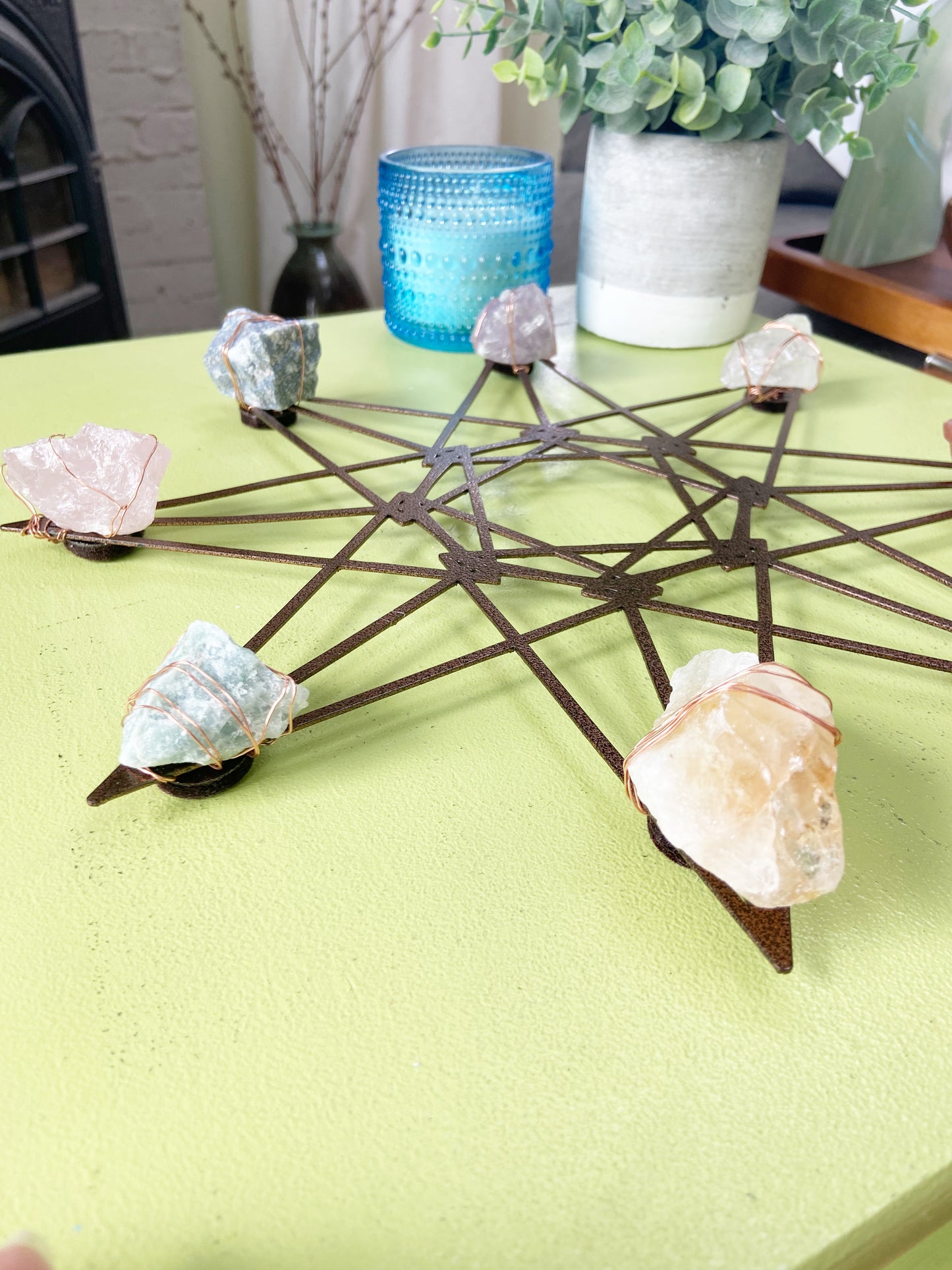 Sacred Geometry Wall Art - Wire-wrapped Raw Chakra Crystals - One of a Kind Crystal Grid 12"