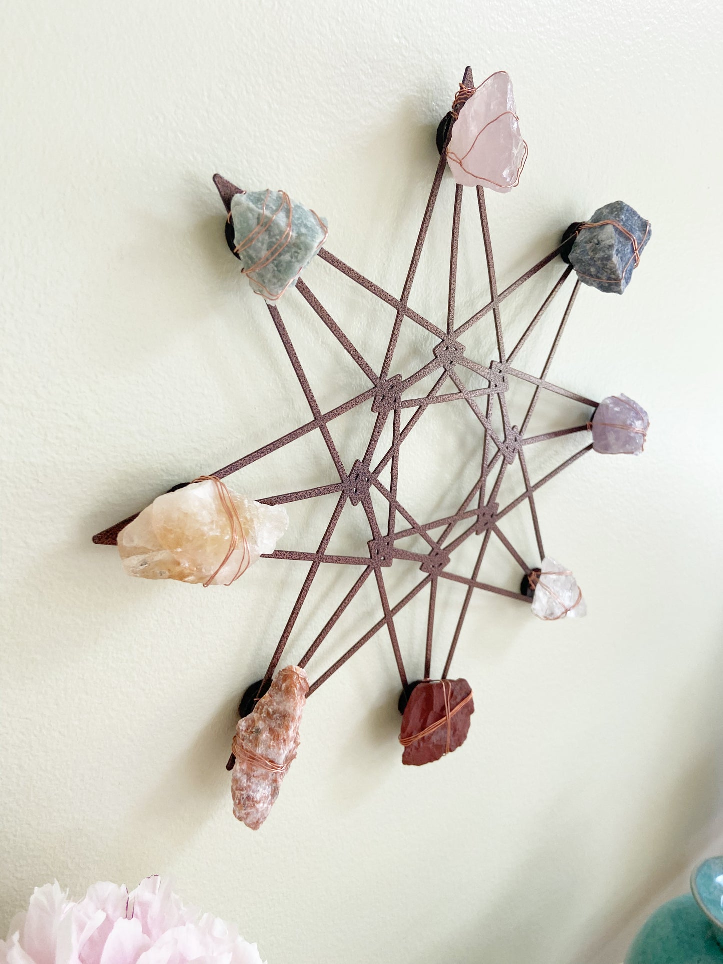 Sacred Geometry Wall Art - Wire-wrapped Raw Chakra Crystals - One of a Kind Crystal Grid 12"