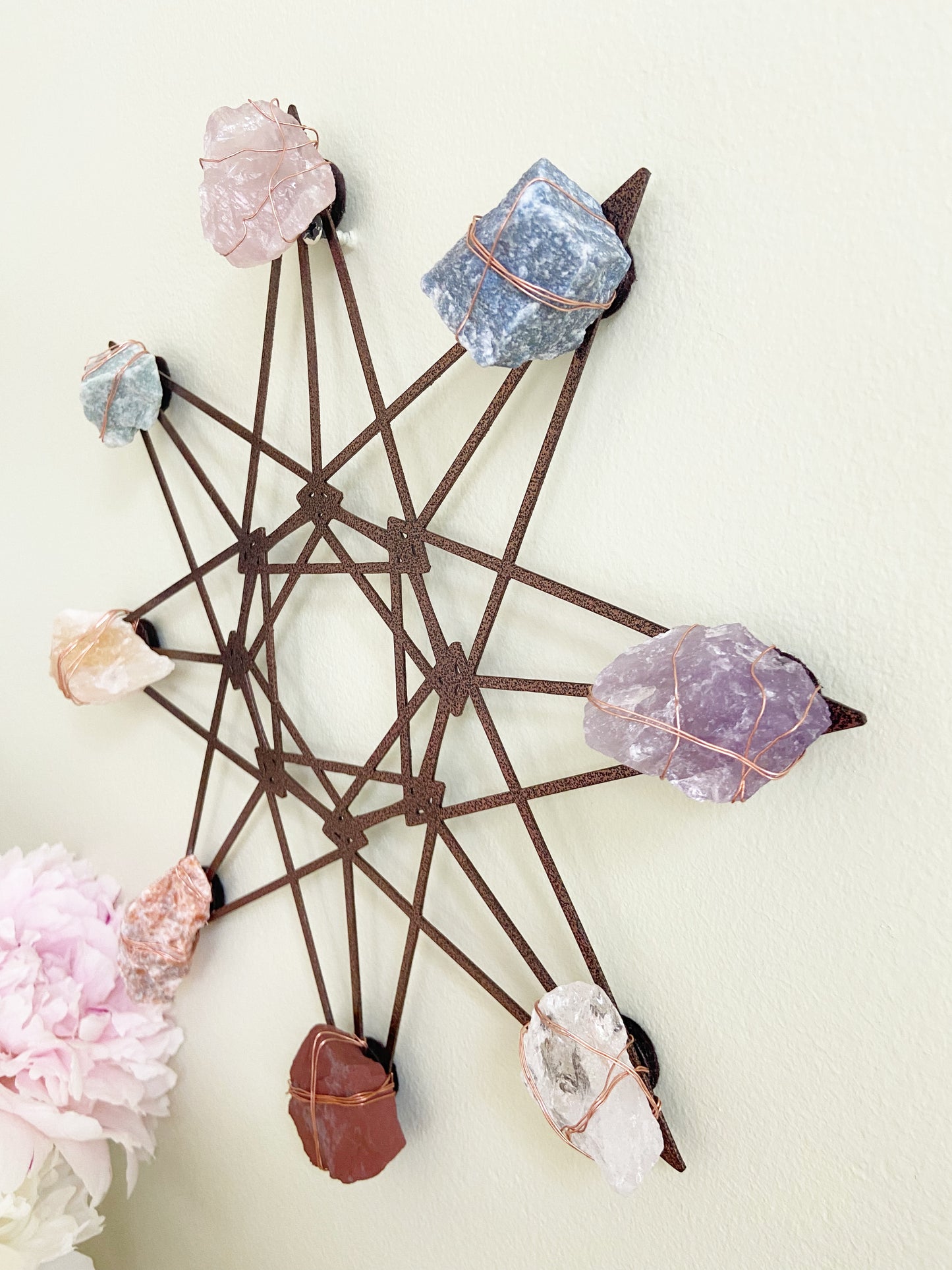 Sacred Geometry Wall Art - Wire-wrapped Raw Chakra Crystals - One of a Kind Crystal Grid 12"