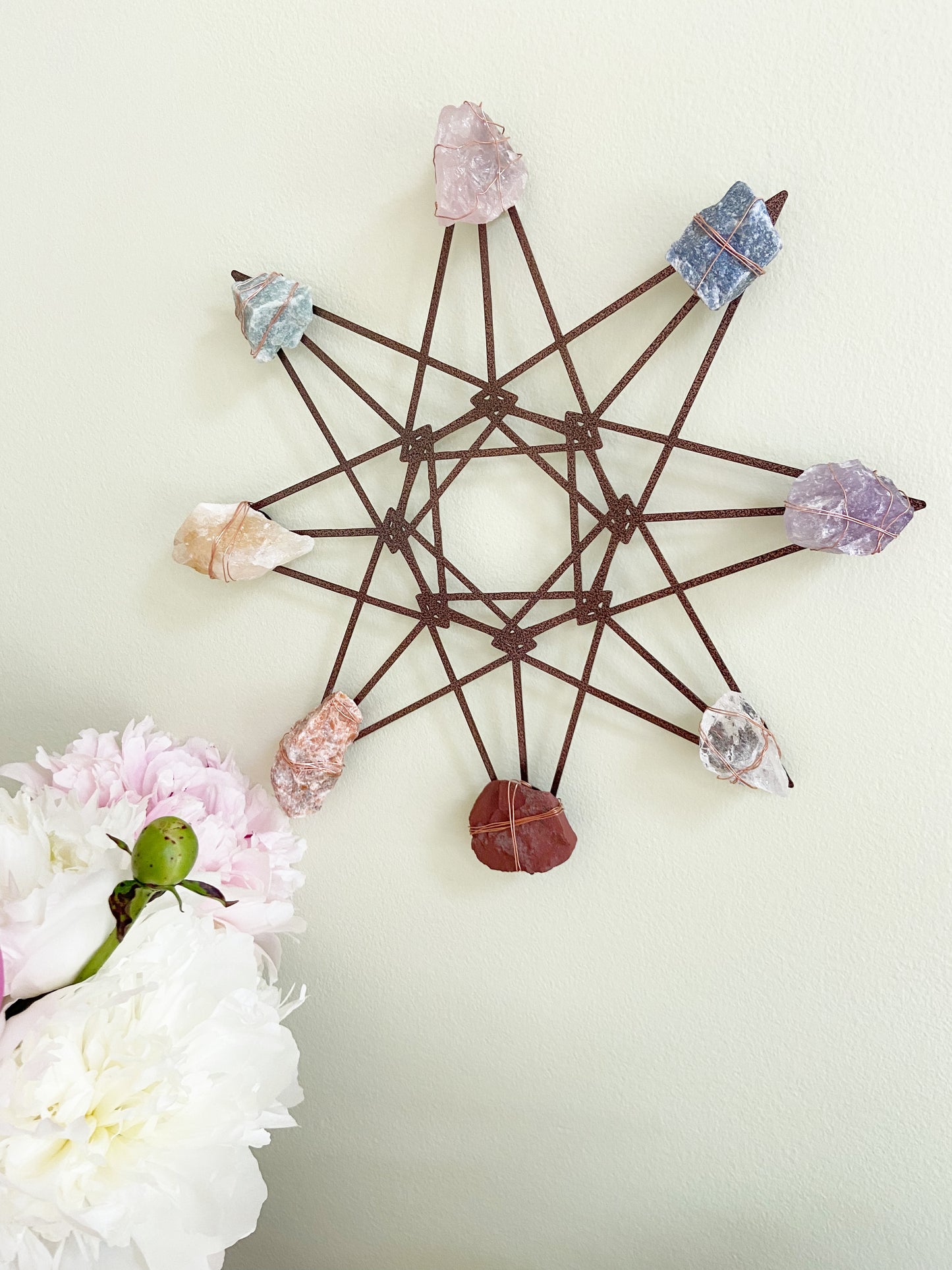 Sacred Geometry Wall Art - Wire-wrapped Raw Chakra Crystals - One of a Kind Crystal Grid 12"