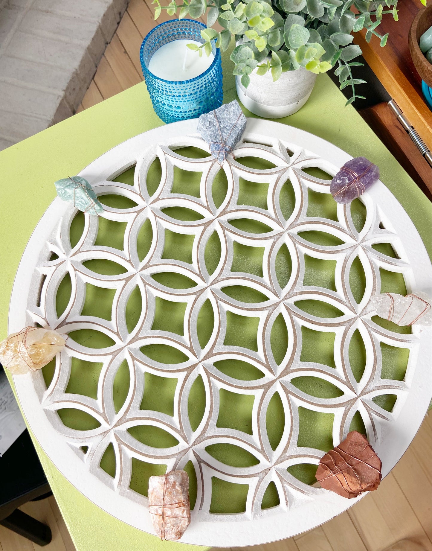 Sacred Geometry Wall Art - Wire-wrapped Raw Chakra Crystals - One of a Kind Crystal Grid