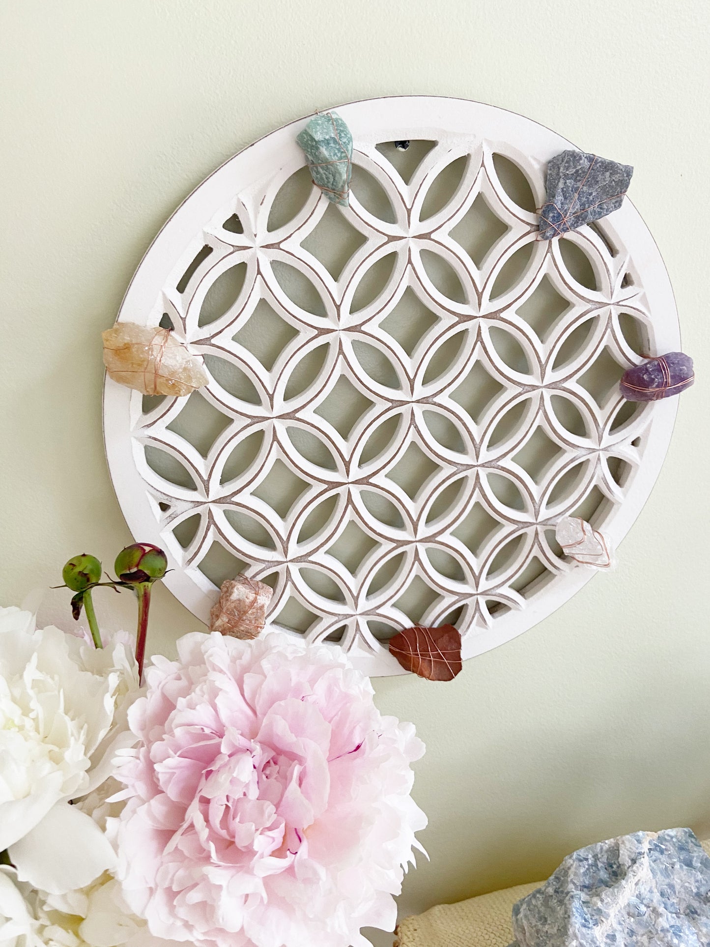Sacred Geometry Wall Art - Wire-wrapped Raw Chakra Crystals - One of a Kind Crystal Grid