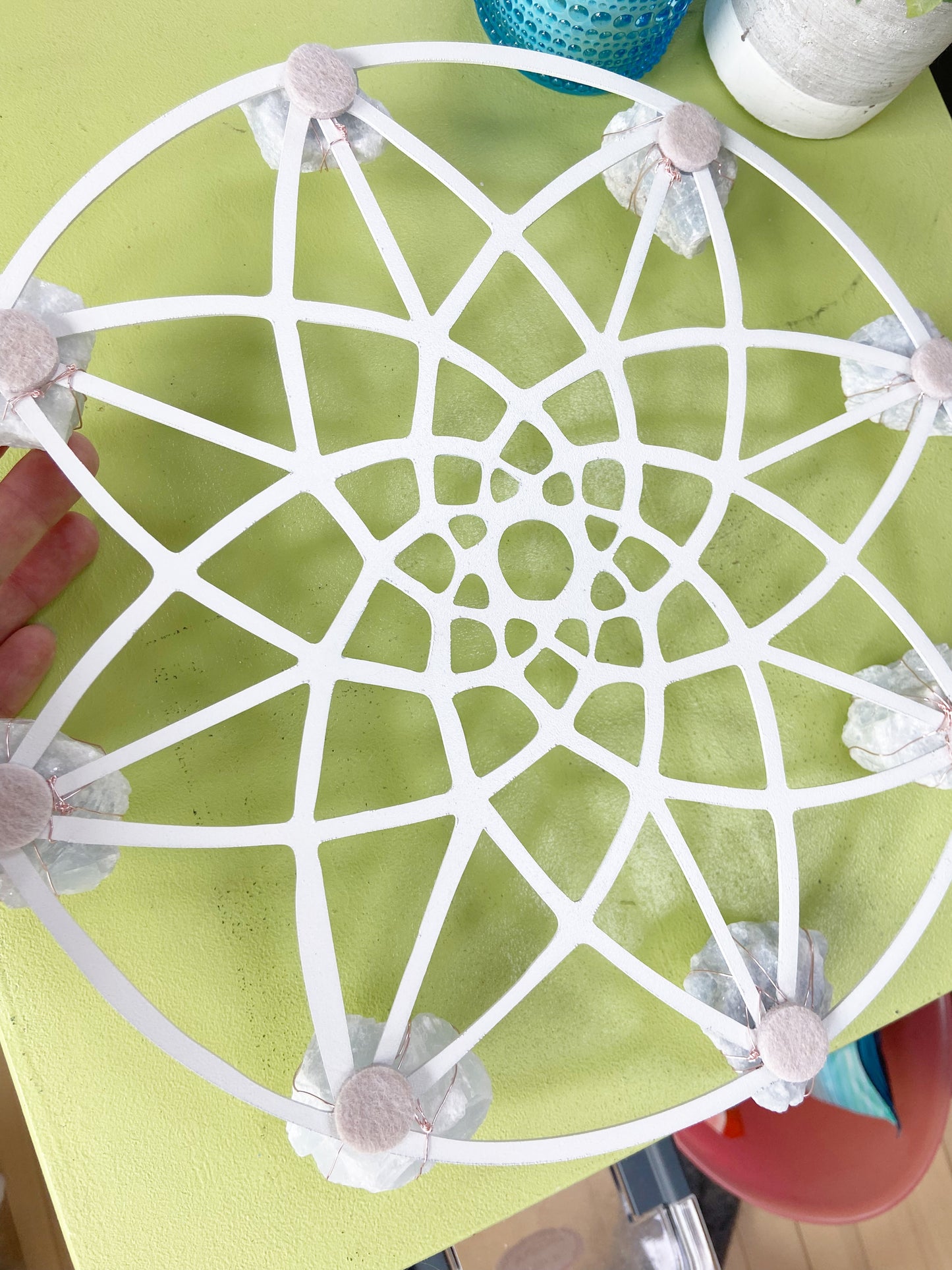 Sacred Geometry Wire-wrapped Blue Calcite - White Metal Wall Art Crystal Grid