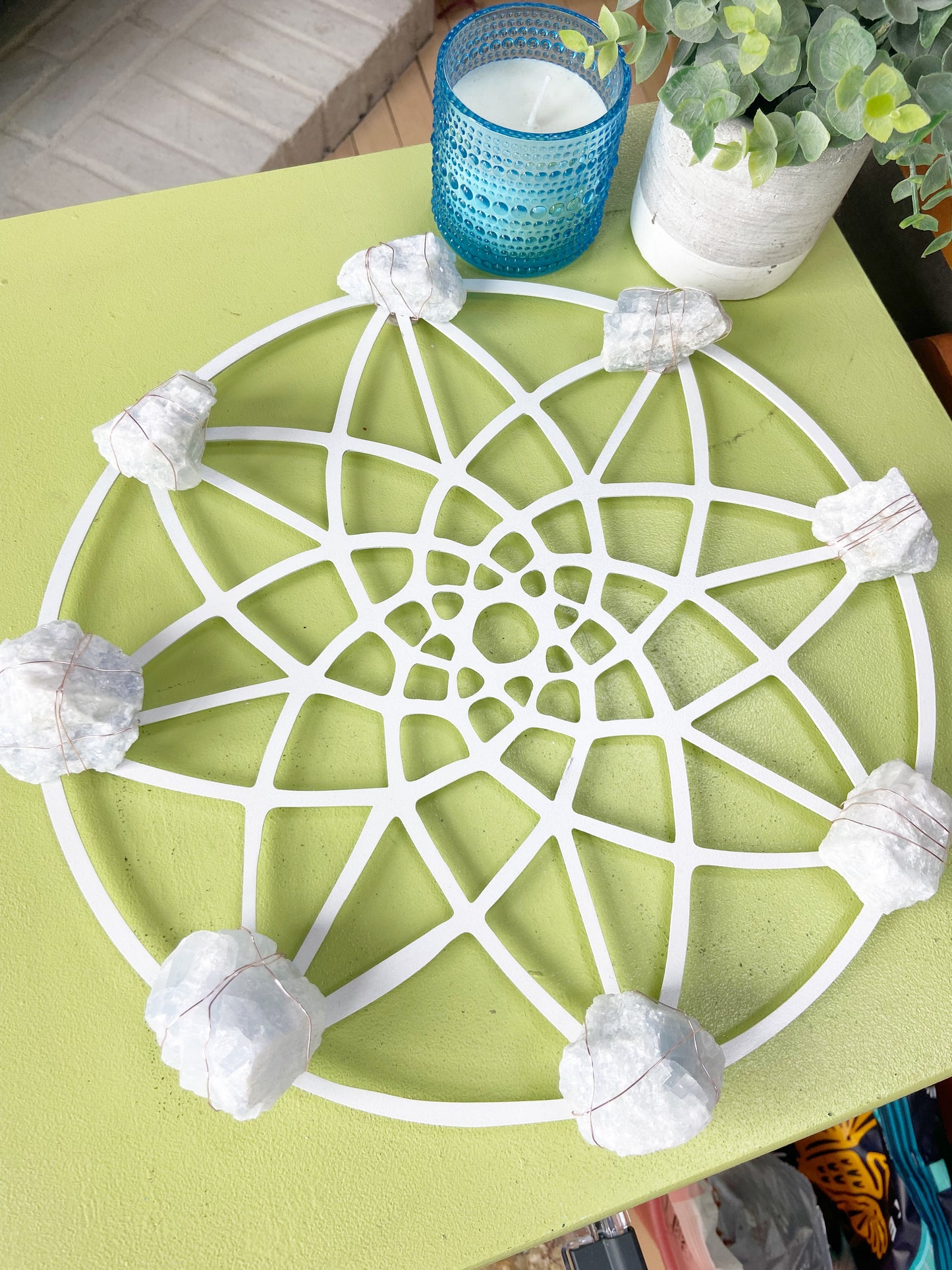 Sacred Geometry Wire-wrapped Blue Calcite - White Metal Wall Art Crystal Grid