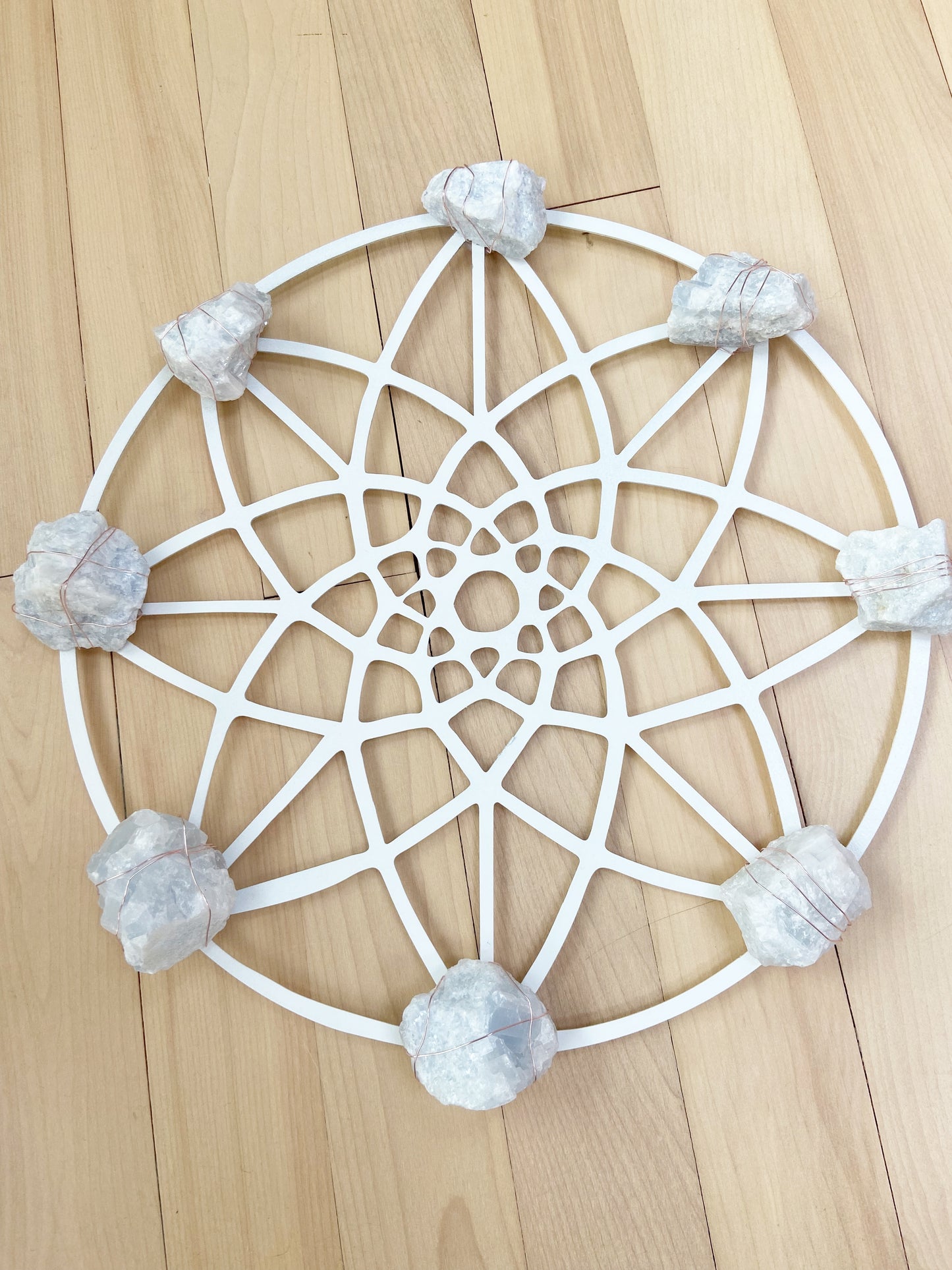 Sacred Geometry Wire-wrapped Blue Calcite - White Metal Wall Art Crystal Grid