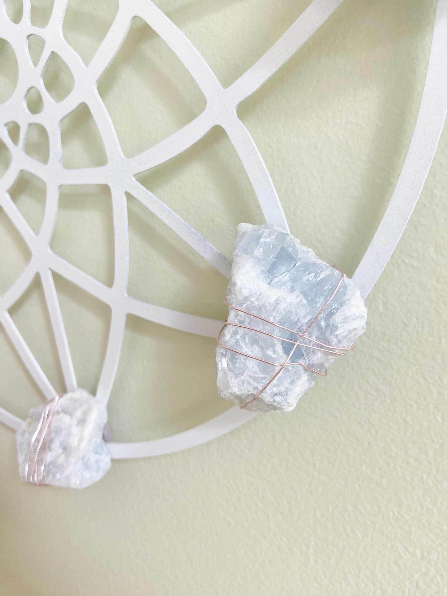 Sacred Geometry Wire-wrapped Blue Calcite - White Metal Wall Art Crystal Grid