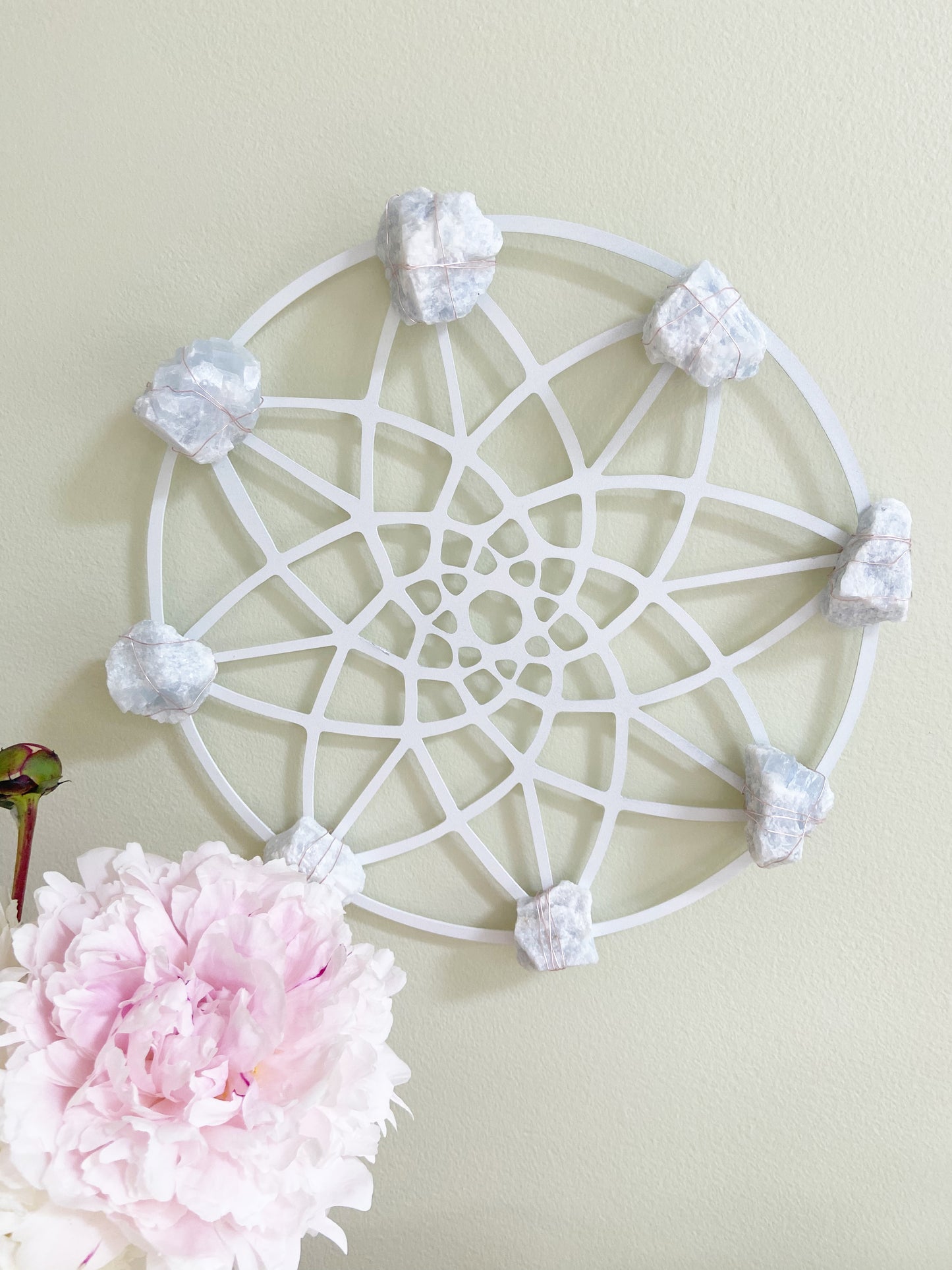 Sacred Geometry Wire-wrapped Blue Calcite - White Metal Wall Art Crystal Grid
