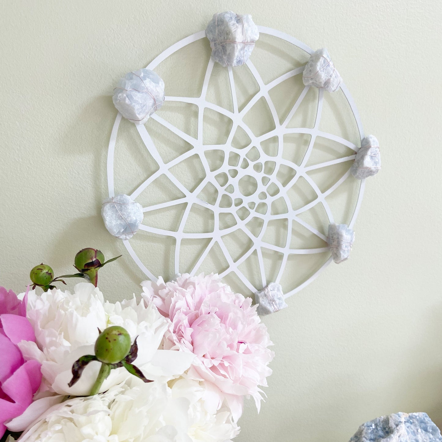 Sacred Geometry Wire-wrapped Blue Calcite - White Metal Wall Art Crystal Grid
