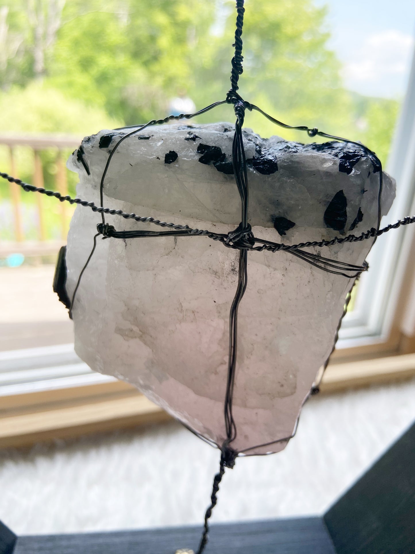Black Hexagonal Rose Quartz Tourmaline Wire-wrapped Spiritual Art - One of a Kind 12"