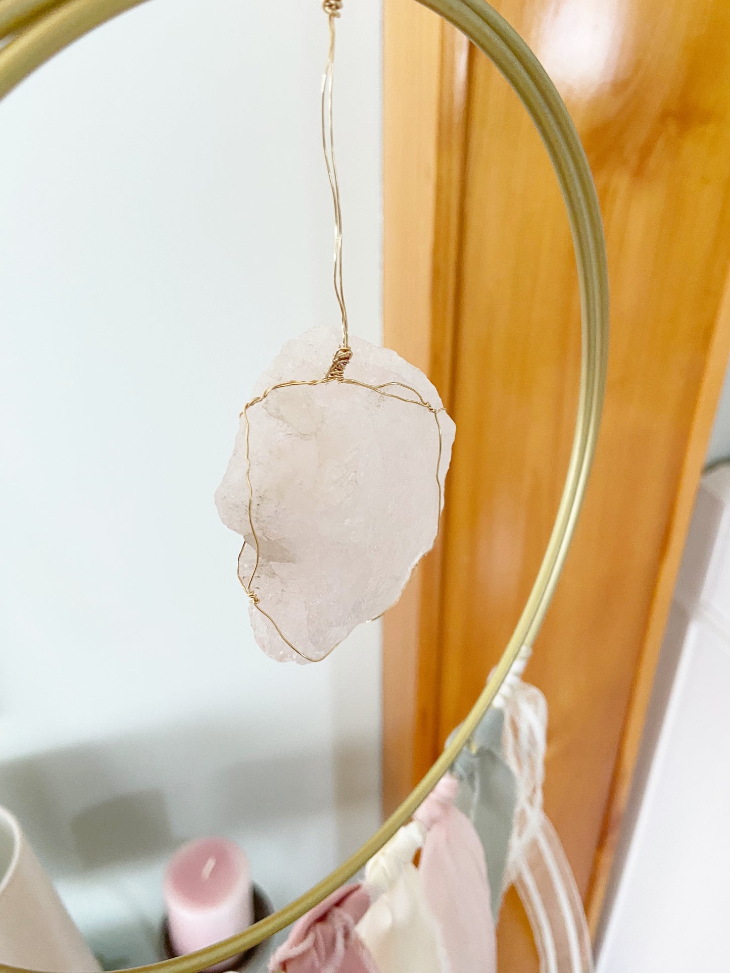 Sacred Geometry Metal Ribbon Wire-wrapped Rose Quartz Suncatcher, One of a Kind 10"