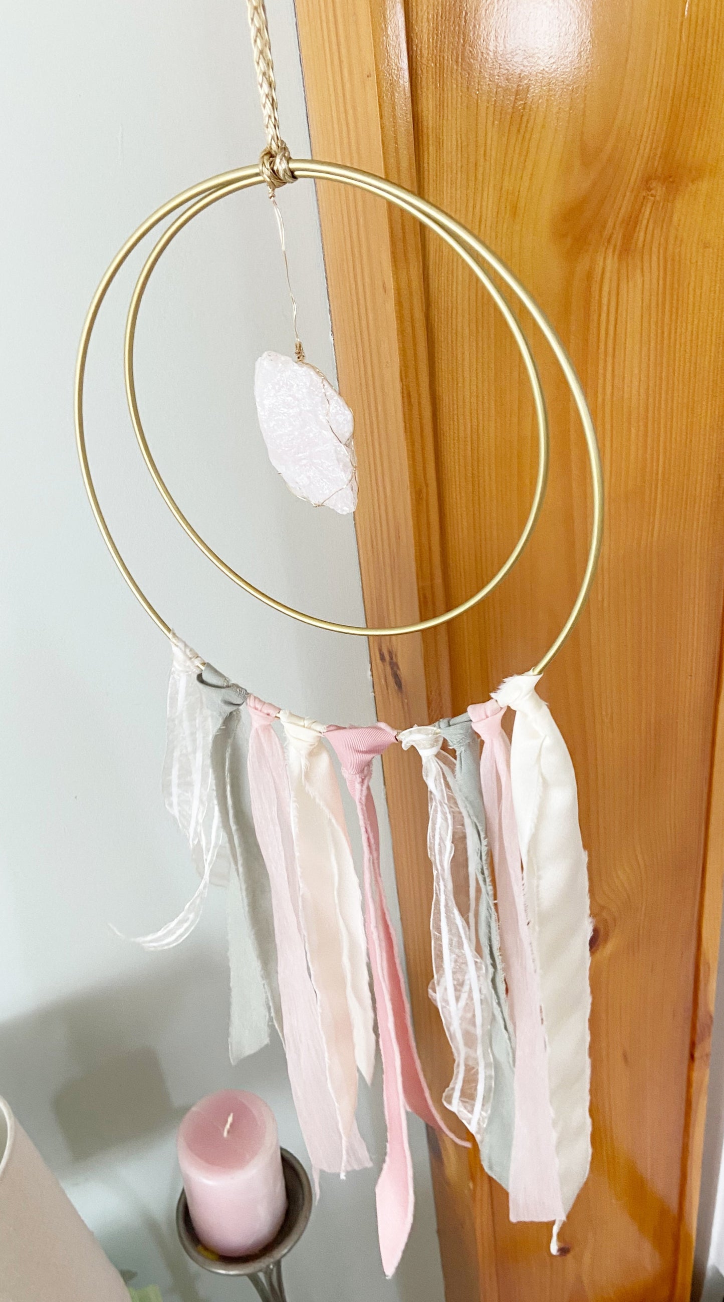 Sacred Geometry Metal Ribbon Wire-wrapped Rose Quartz Suncatcher, One of a Kind 10"