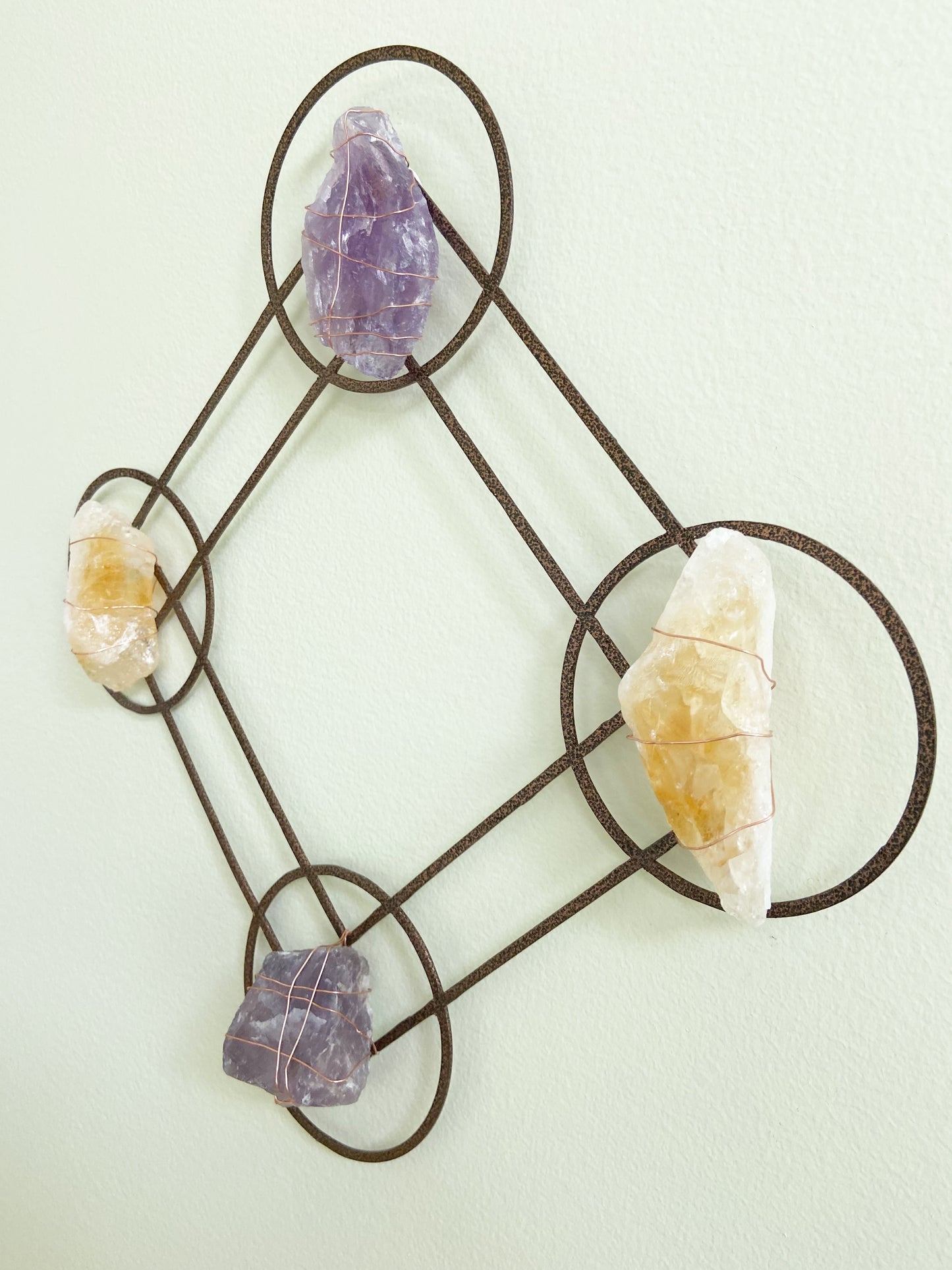 Sacred Geometry Metal Wall Art - Wire-wrapped Raw Amethyst Citrine Crystals - One of a Kind Crystal Grid 12"