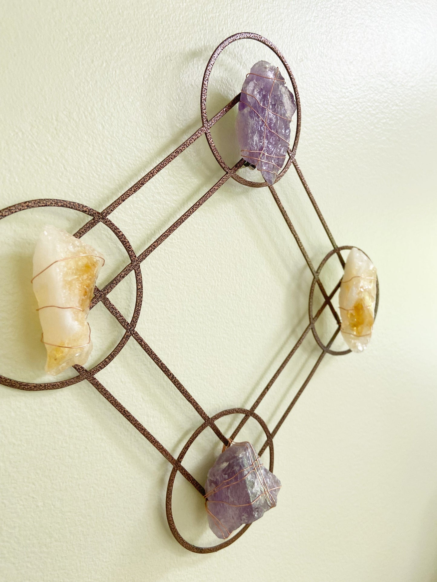 Sacred Geometry Metal Wall Art - Wire-wrapped Raw Amethyst Citrine Crystals - One of a Kind Crystal Grid 12"