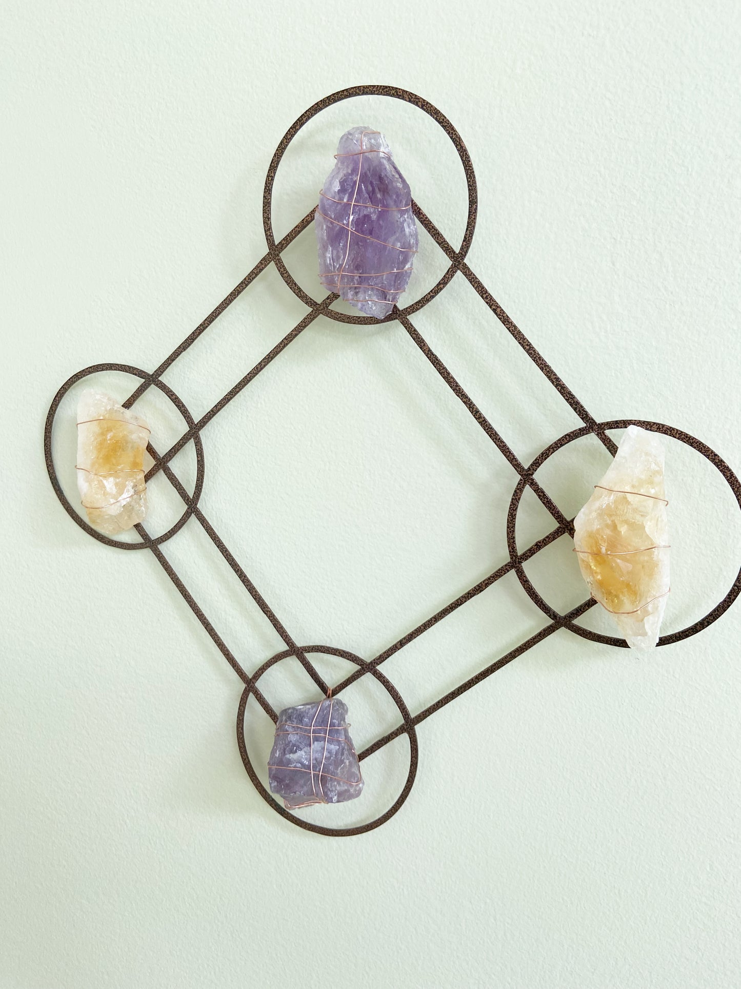 Sacred Geometry Metal Wall Art - Wire-wrapped Raw Amethyst Citrine Crystals - One of a Kind Crystal Grid 12"