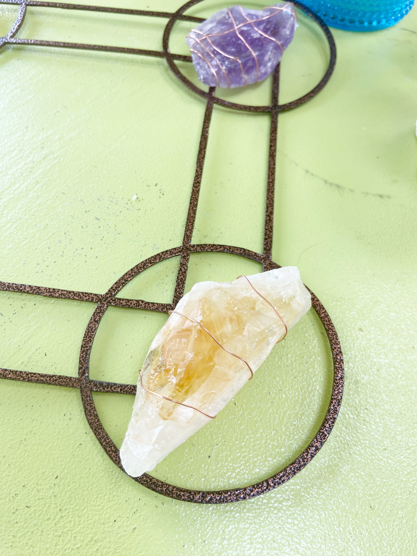 Sacred Geometry Metal Wall Art - Wire-wrapped Raw Amethyst Citrine Crystals - One of a Kind Crystal Grid 12"