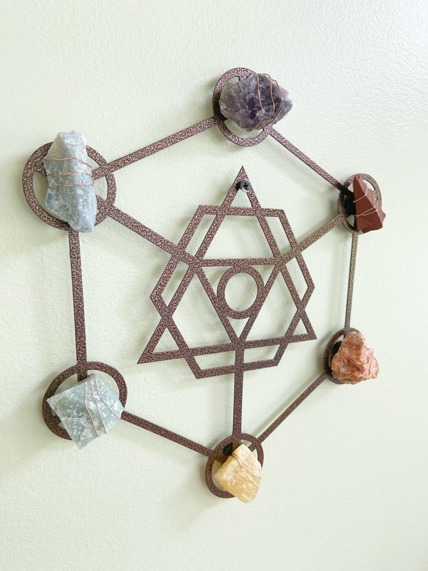 Metatron's Cube Sacred Geometry - Wire-wrapped Raw Chakra Crystals Metal Wall Art