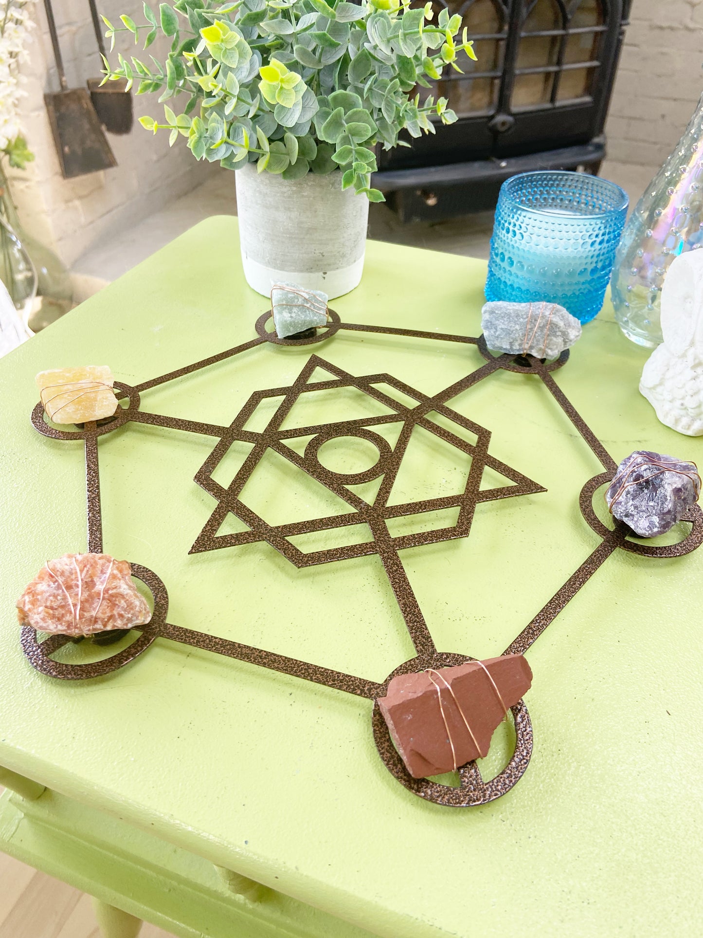 Metatron's Cube Sacred Geometry - Wire-wrapped Raw Chakra Crystals Metal Wall Art