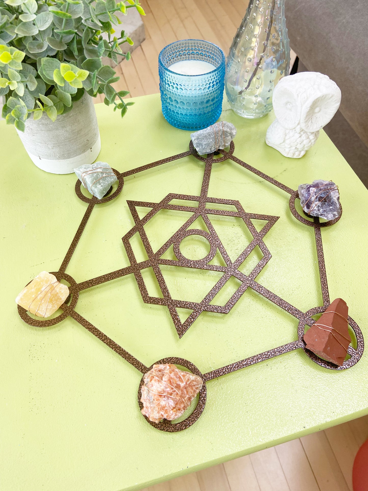 Metatron's Cube Sacred Geometry - Wire-wrapped Raw Chakra Crystals Metal Wall Art
