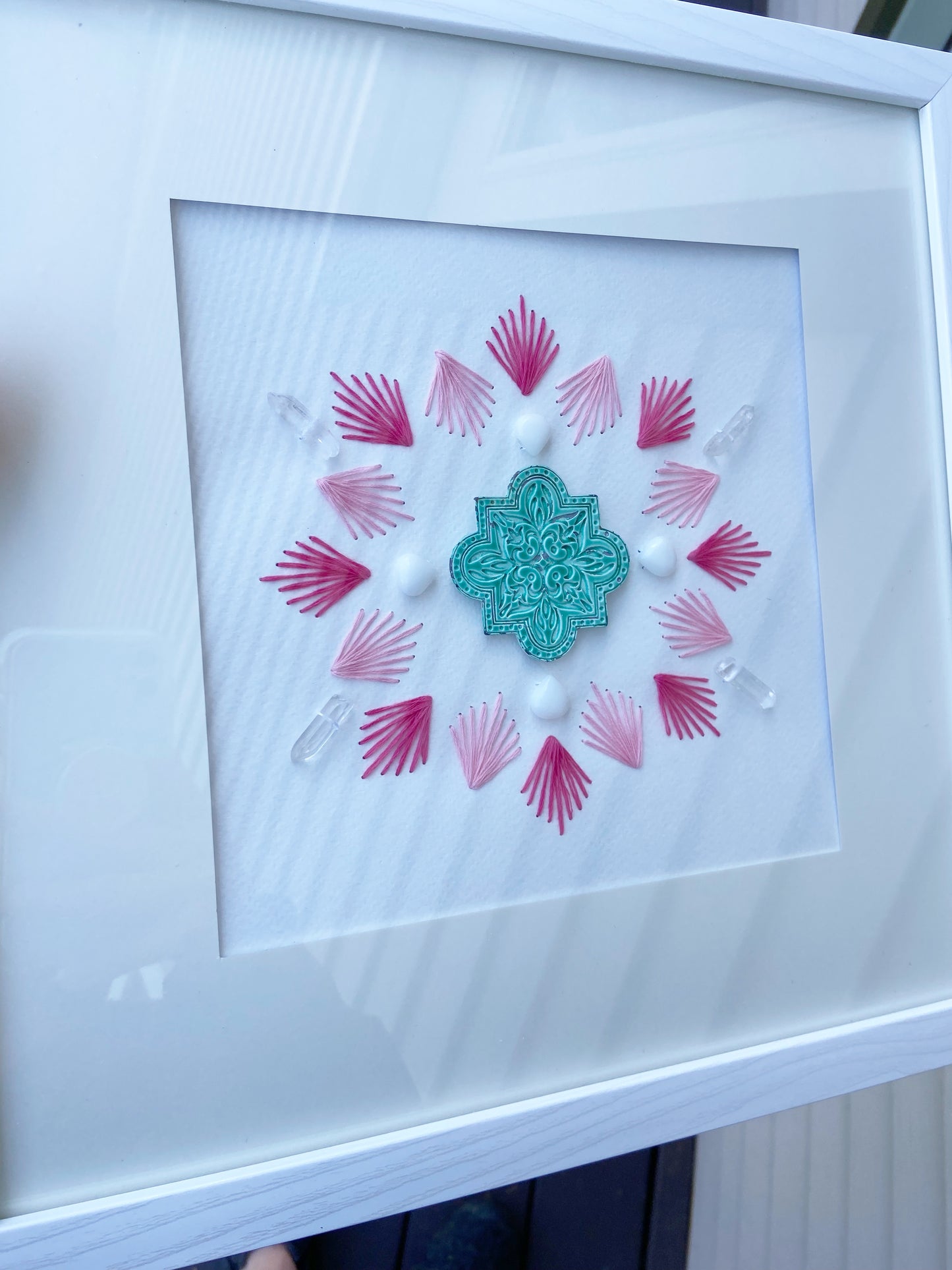 Framed Hand-Stitched Sacred Geometry Crystal Grid 13 x 13", Pink, Aqua & White