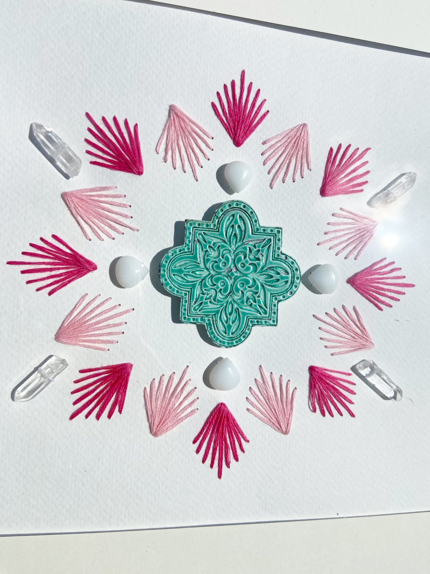 Framed Hand-Stitched Sacred Geometry Crystal Grid 13 x 13", Pink, Aqua & White