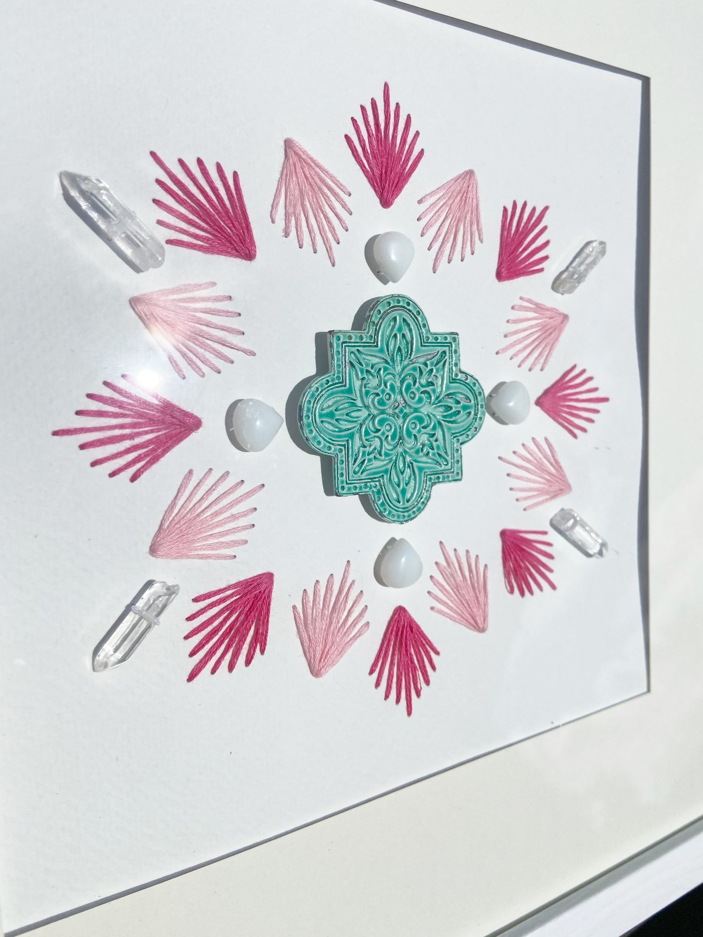 Framed Hand-Stitched Sacred Geometry Crystal Grid 13 x 13", Pink, Aqua & White