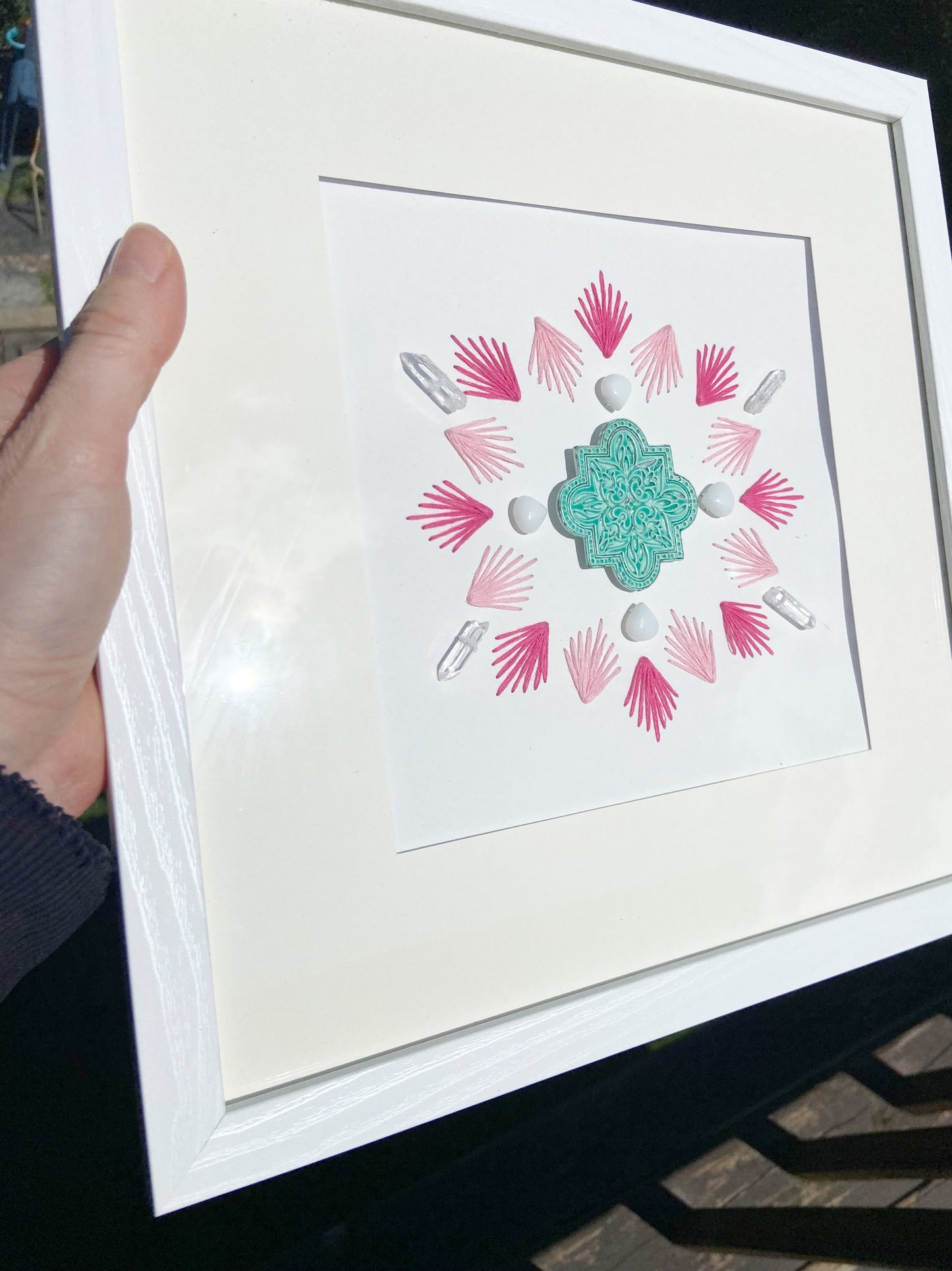 Framed Hand-Stitched Sacred Geometry Crystal Grid 13 x 13", Pink, Aqua & White