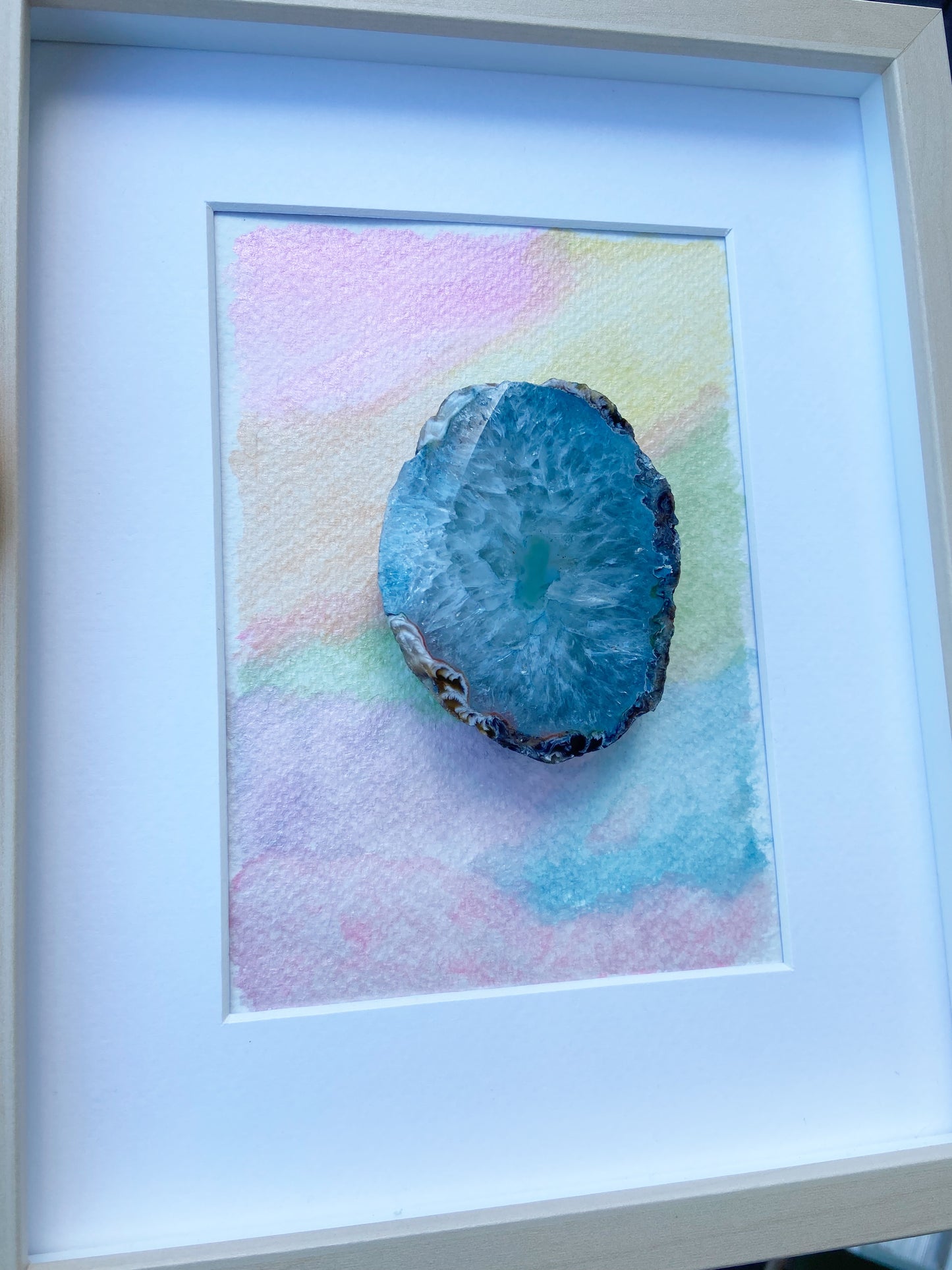Framed Blue Druzy Agate Rainbow Watercolor - 9 x 11"