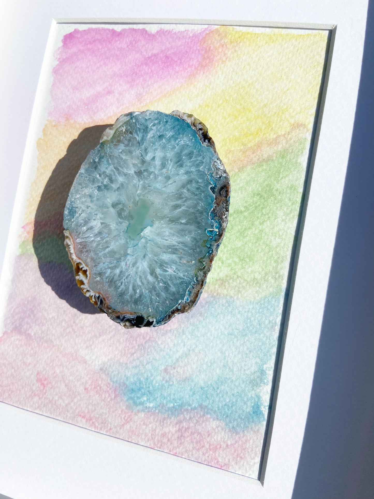 Framed Blue Druzy Agate Rainbow Watercolor - 9 x 11"