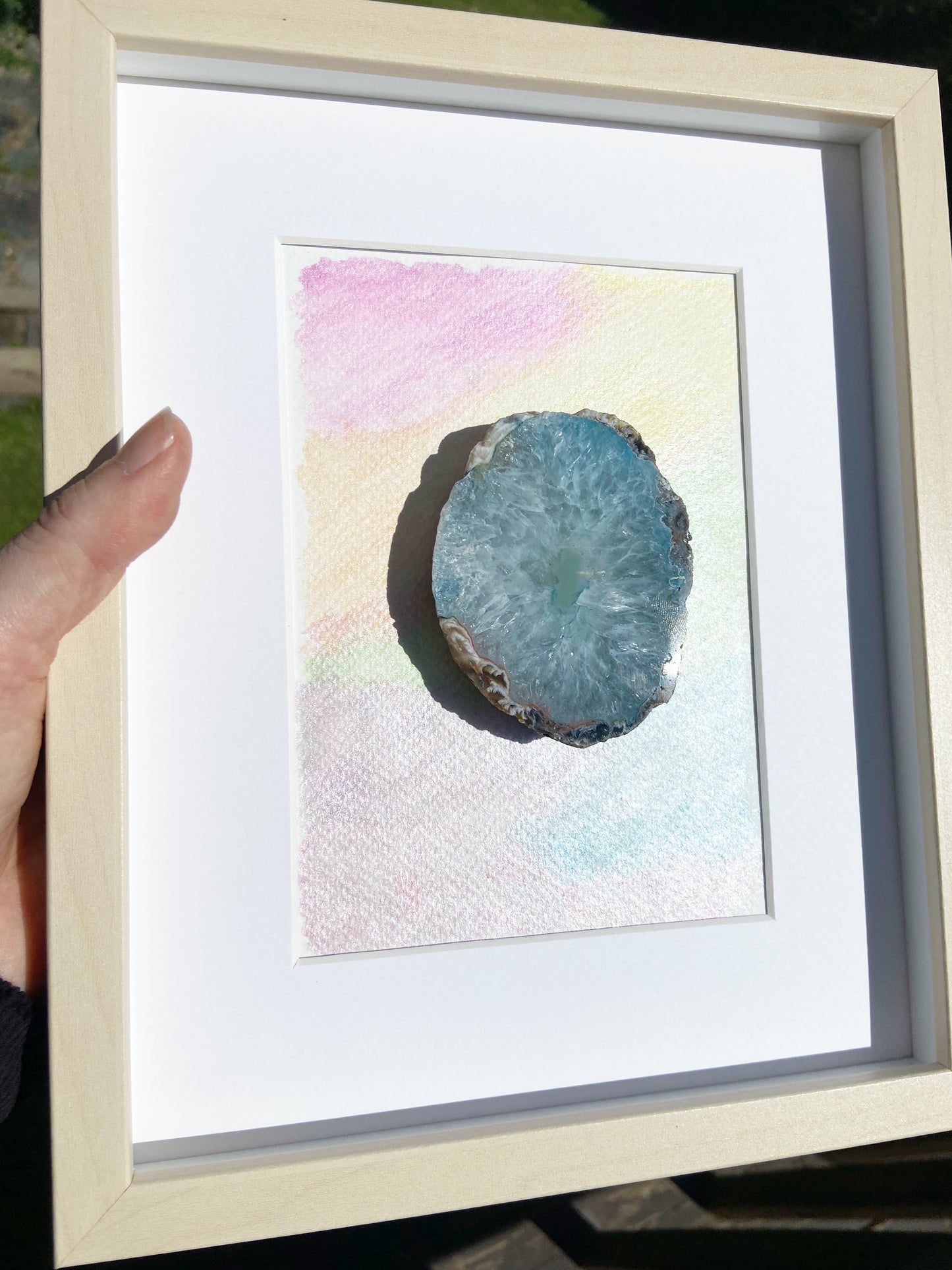 Framed Blue Druzy Agate Rainbow Watercolor - 9 x 11"