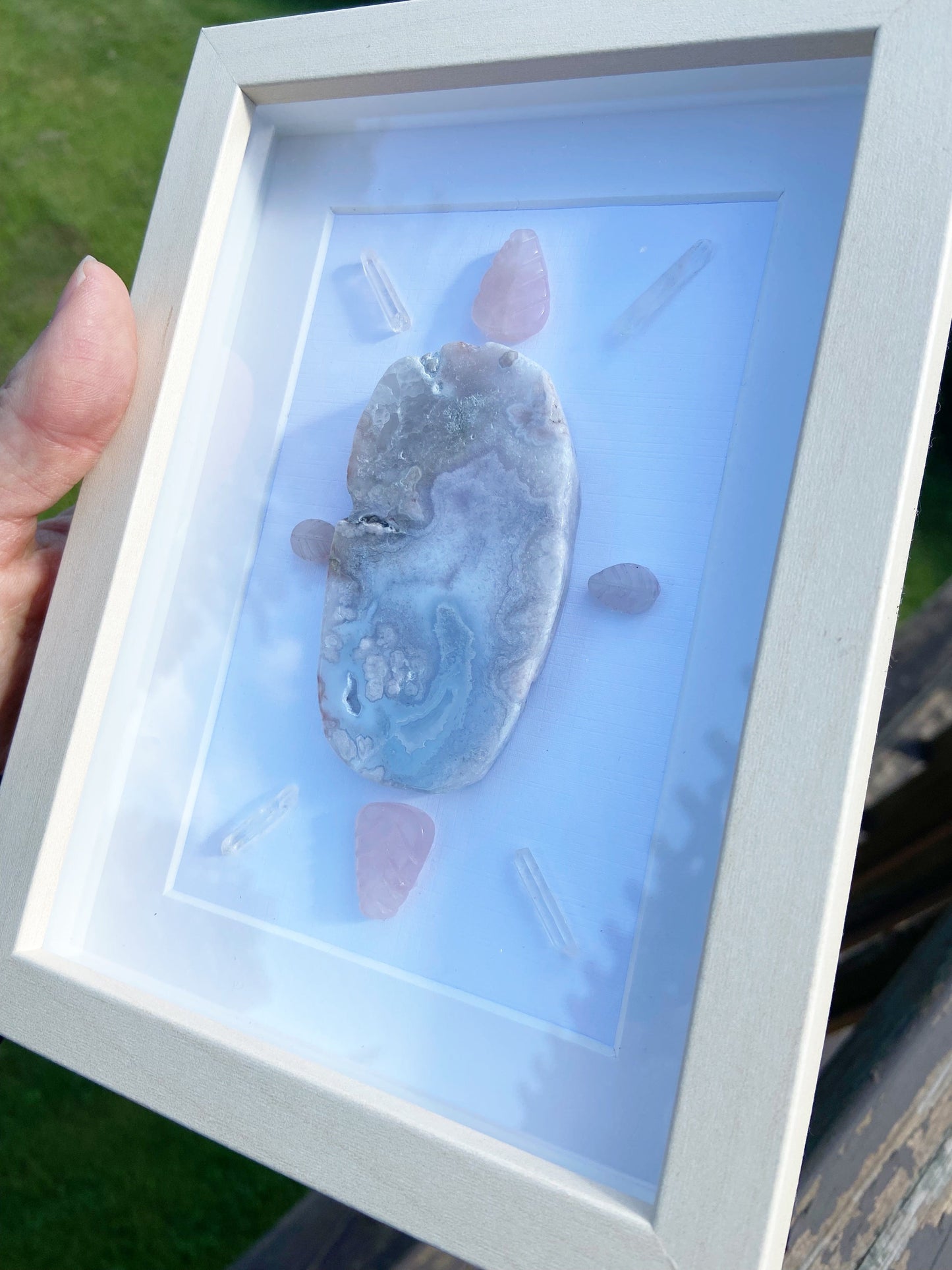 Pink Watercolor Framed Agate Slice Crystal Grid - 5.75 x 7.75"