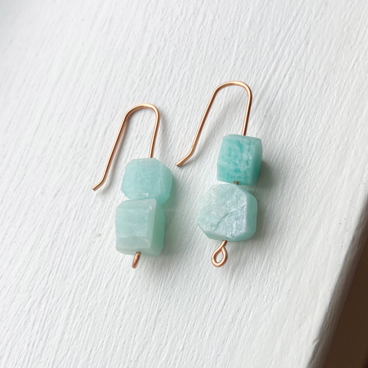 Raw Amazonite Copper Wire Dangle Drop Earrings - 1"