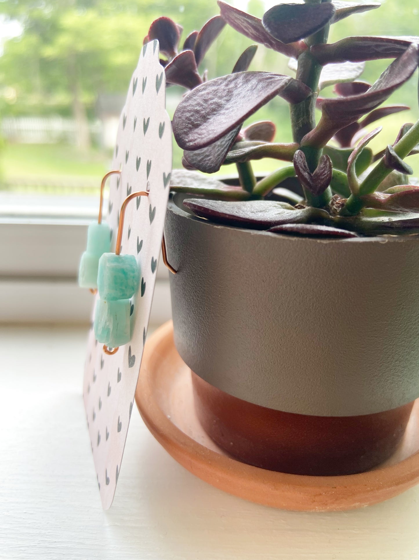 Raw Amazonite Copper Wire Dangle Drop Earrings - 1"