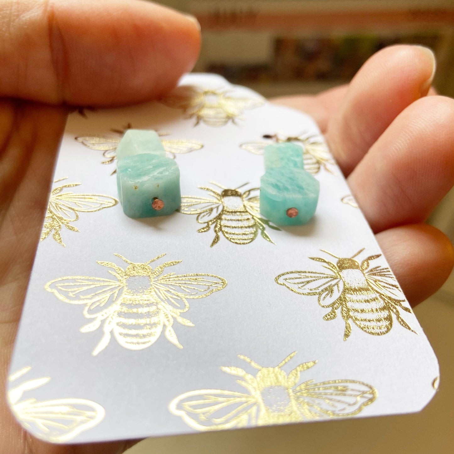 Raw Amazonite Copper Wire Dangle Drop Earrings - 1.25"