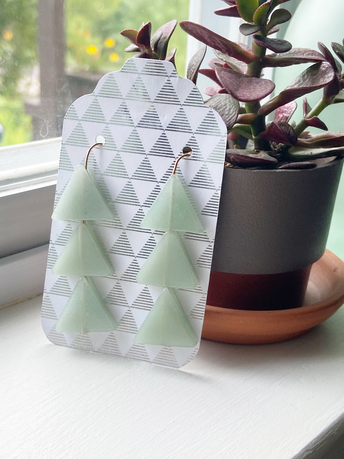 Triple Triangle Dangle Earrings - Green 14k Gold 3"