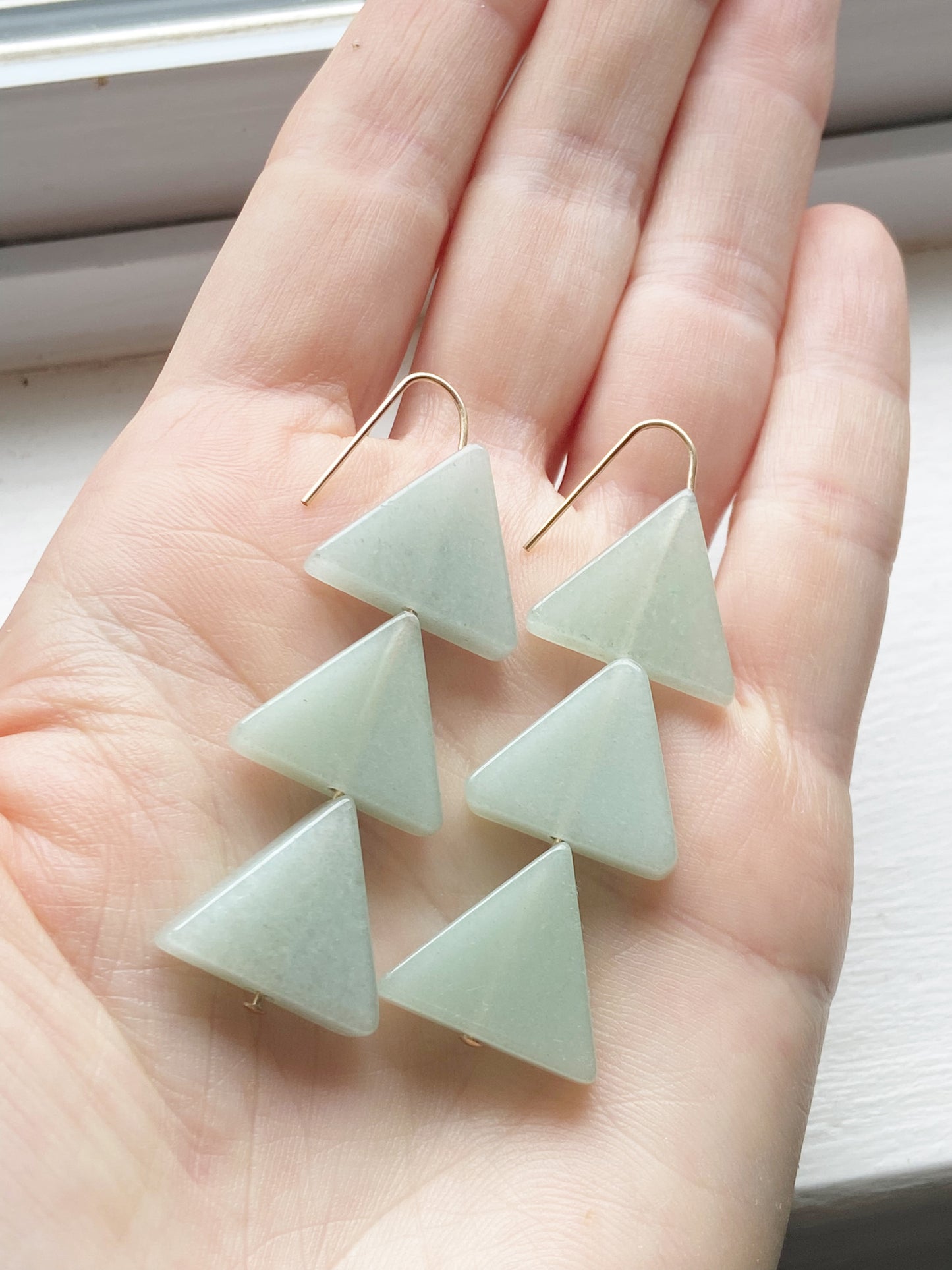 Triple Triangle Dangle Earrings - Green 14k Gold 3"