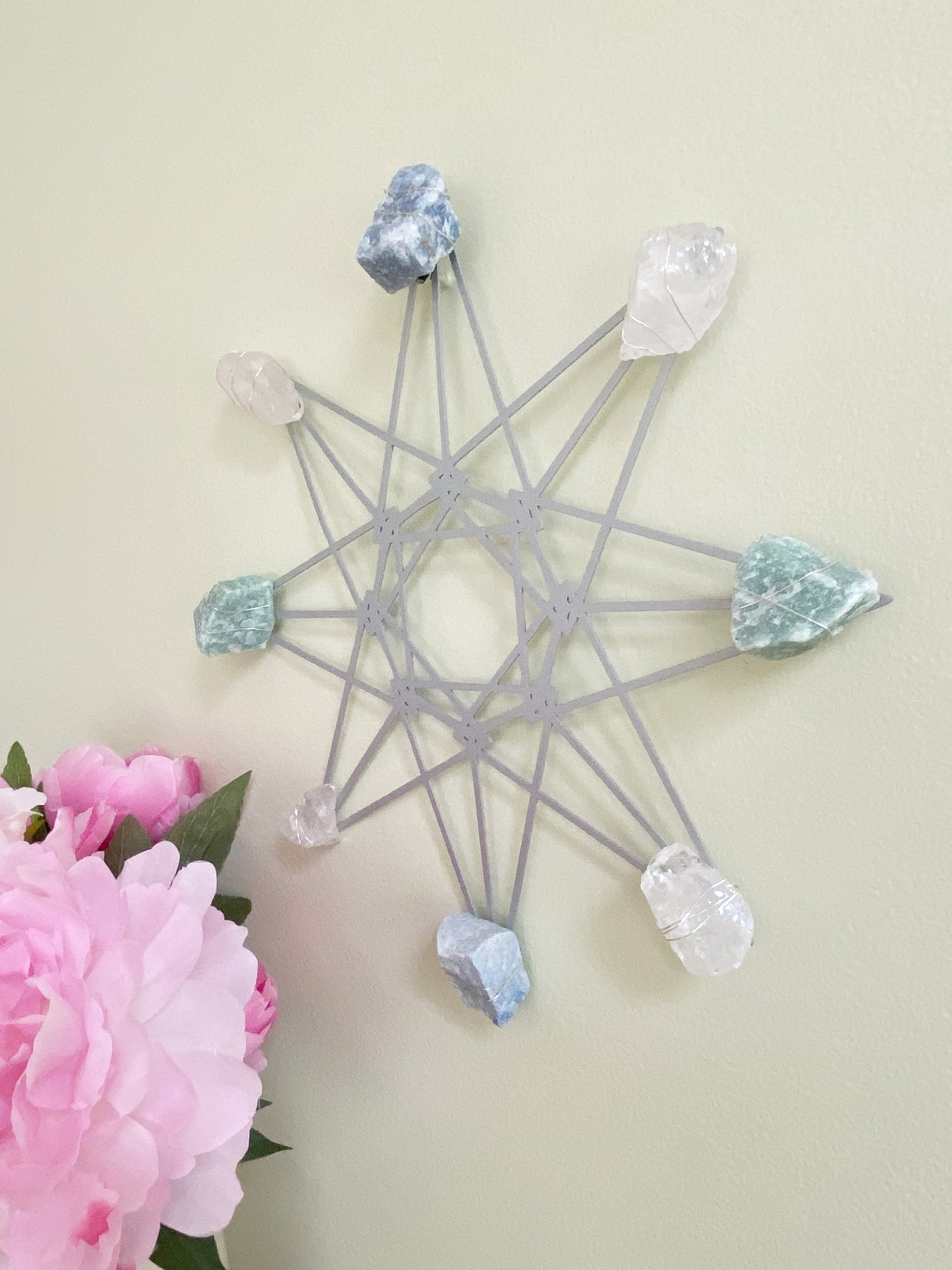 Quartz Aventurine Sacred Geometry Wall Art - Wire-wrapped Raw Crystal Grid 12"