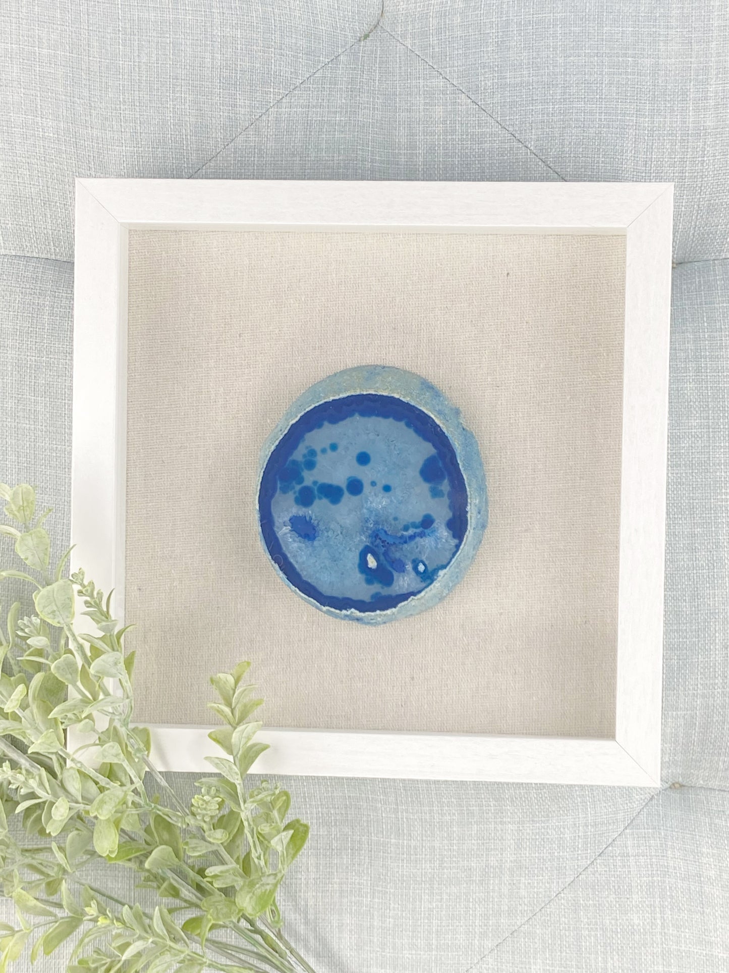 Framed Thick Blue Brazilian Agate- White 9 x 9"