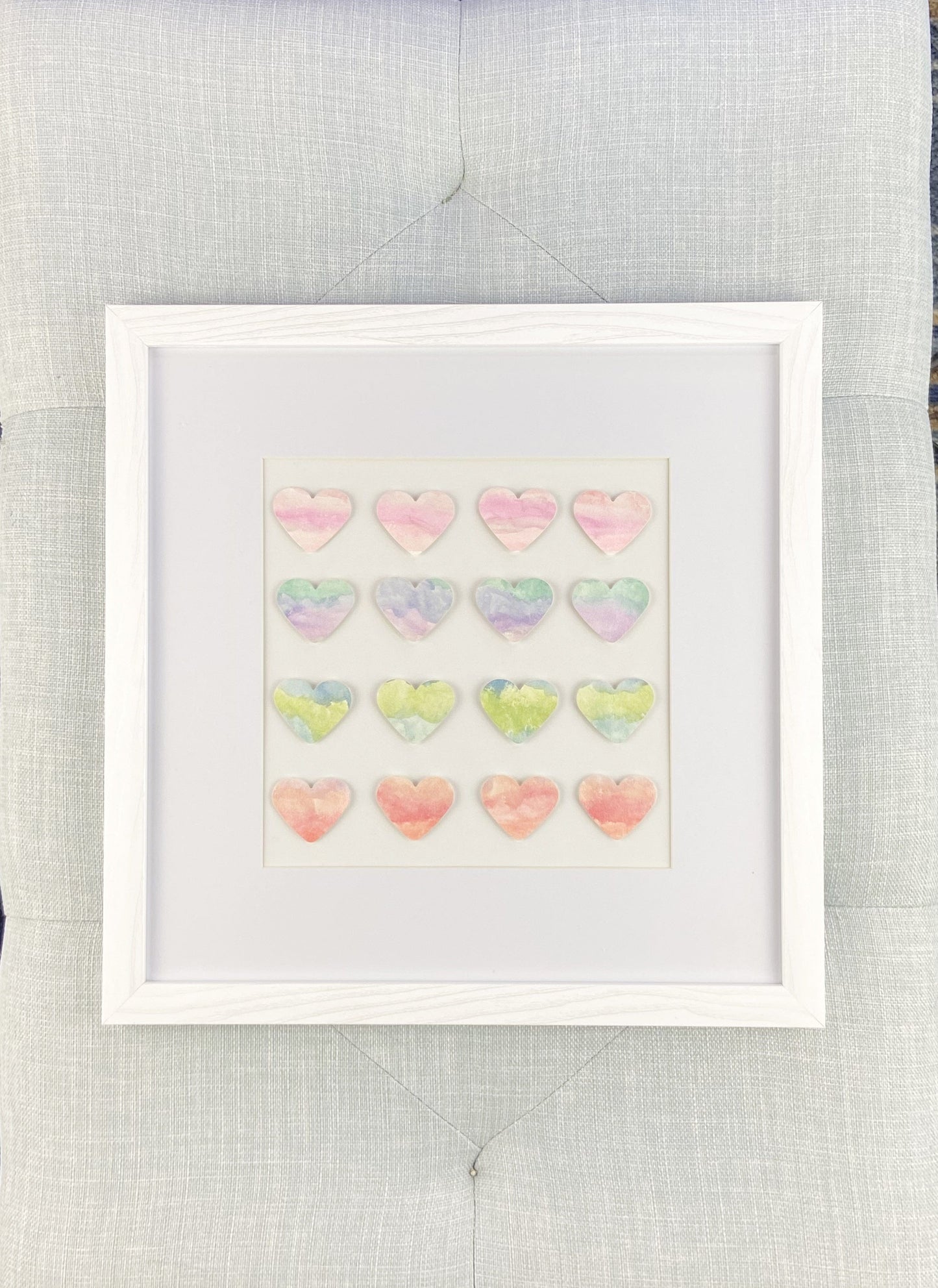 Watercolor Heart Wall Art – Framed Ombre Hearts Painting, 13x13 Pastel Decor