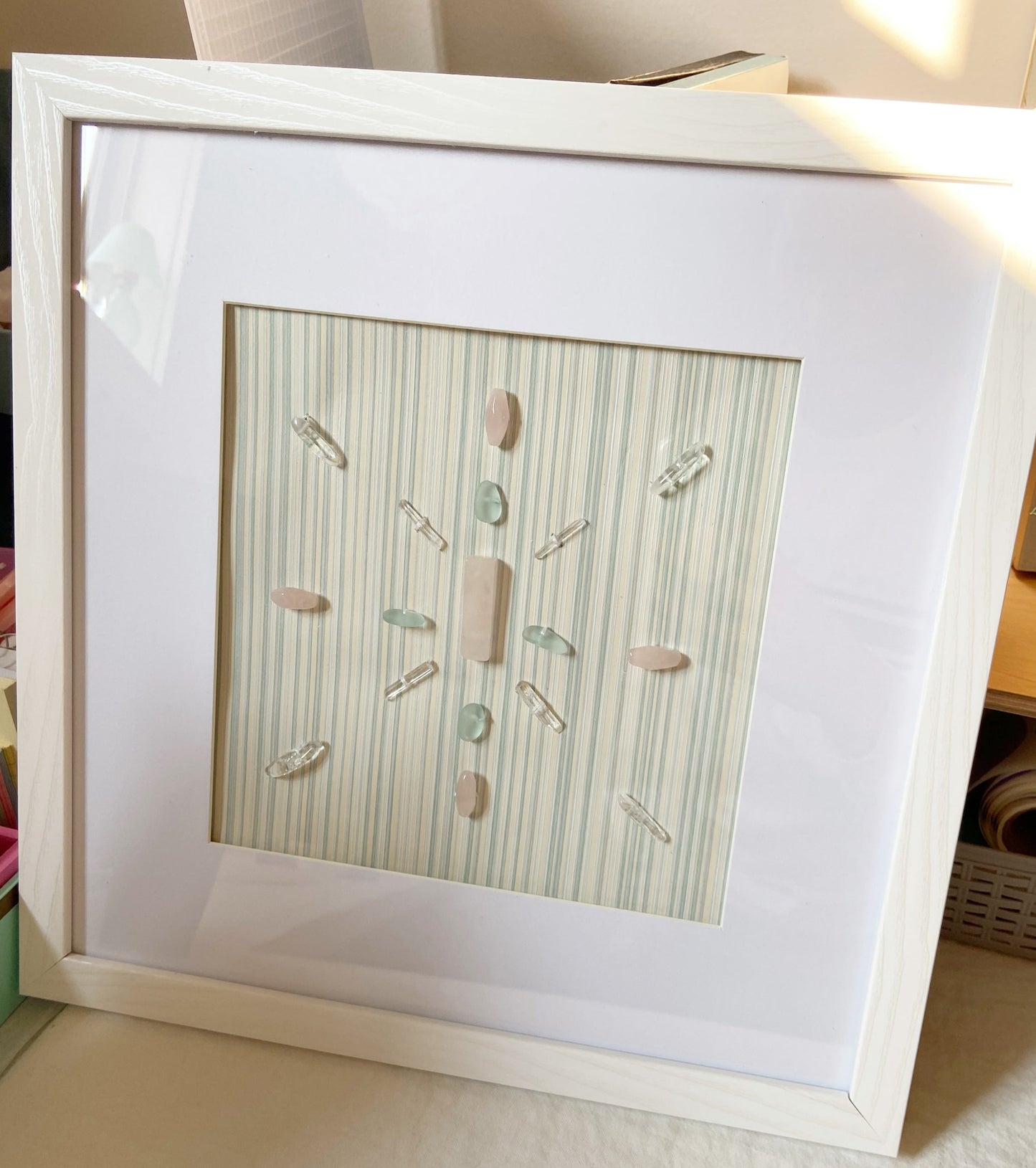 Framed Crystal Grid 10 x 10 - Rose Quartz, Quartz, Blue Glass
