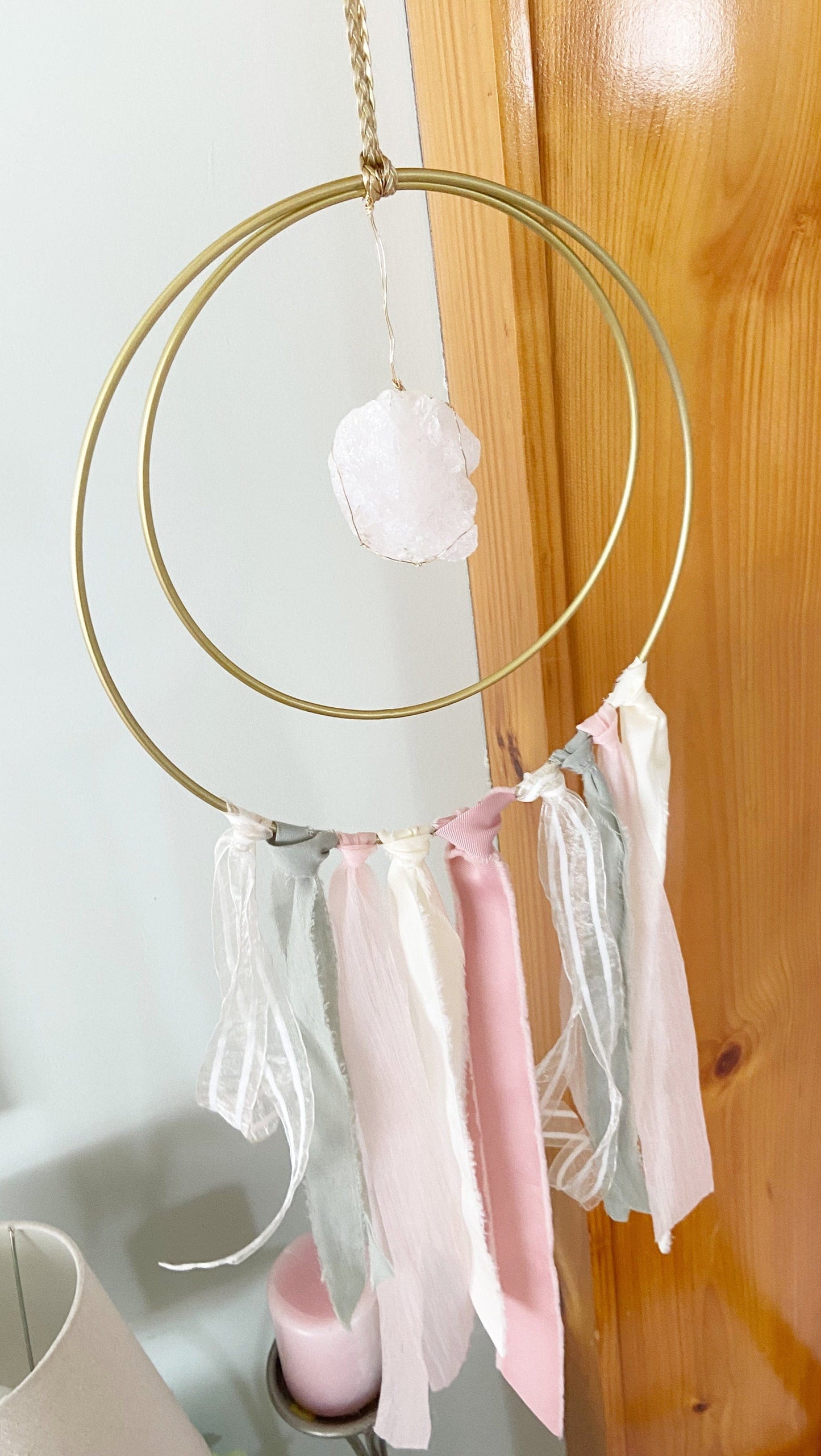 Sacred Geometry Metal Ribbon Wire-wrapped Rose Quartz Suncatcher, One of a Kind 10"