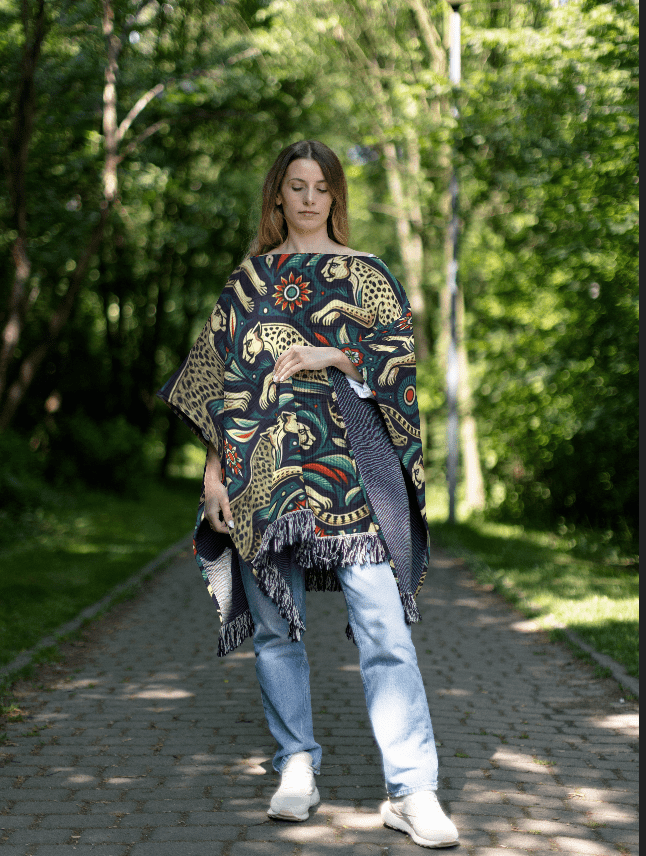 Woven Cotton Poncho - Oversized Cheetah Print Wrap with Fringe, Cozy Boho Style