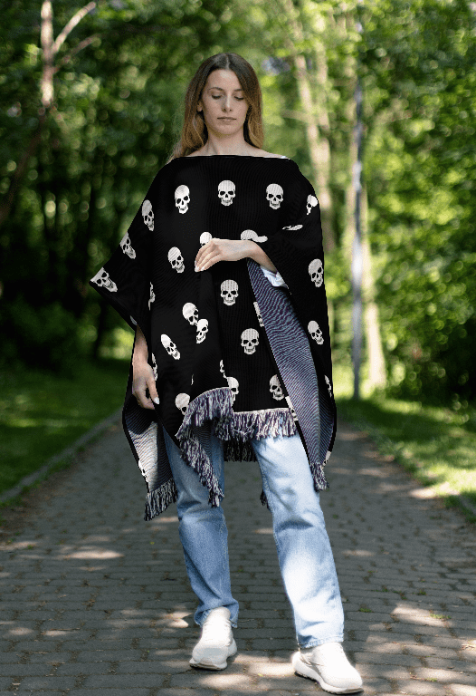Goth Skull Woven Cotton Skeleton Poncho, 50" x 60"