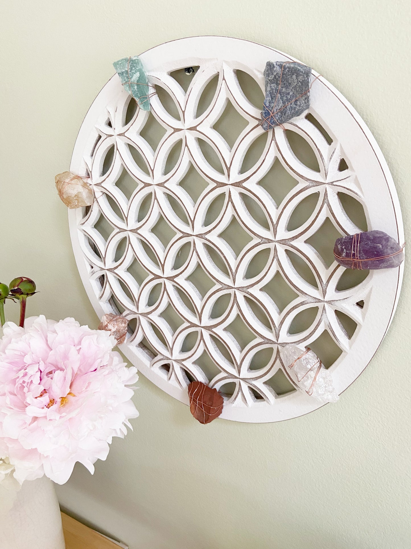 Sacred Geometry Wall Art - Wire-wrapped Raw Chakra Crystals - One of a Kind Crystal Grid