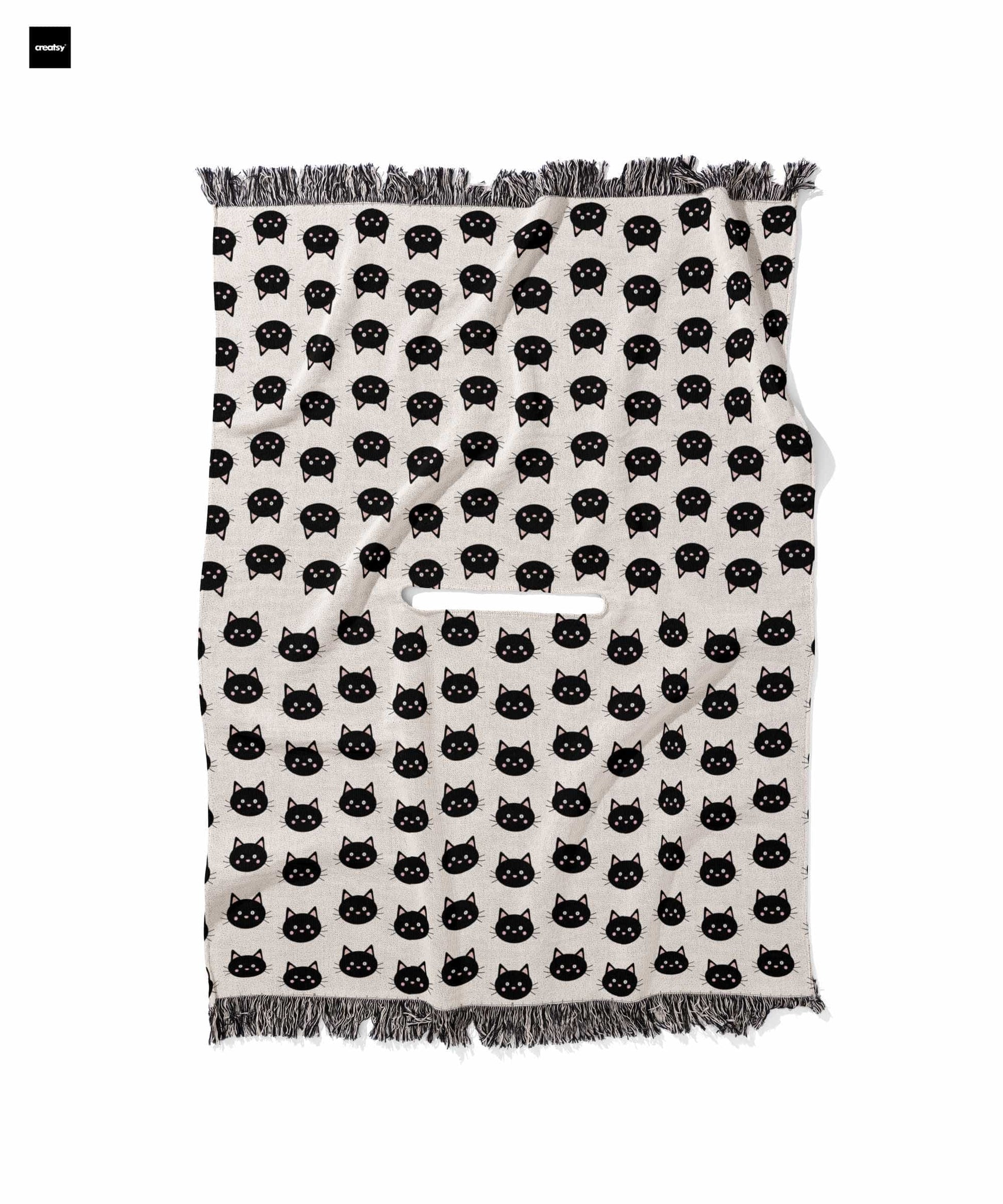 Cute Cat Poncho, Woven Cotton Wearable Black Kitty Blanket, Cute Halloween Minimalist Poncho Cozy Gift for Cat Lover, Unisex 50" x 60"