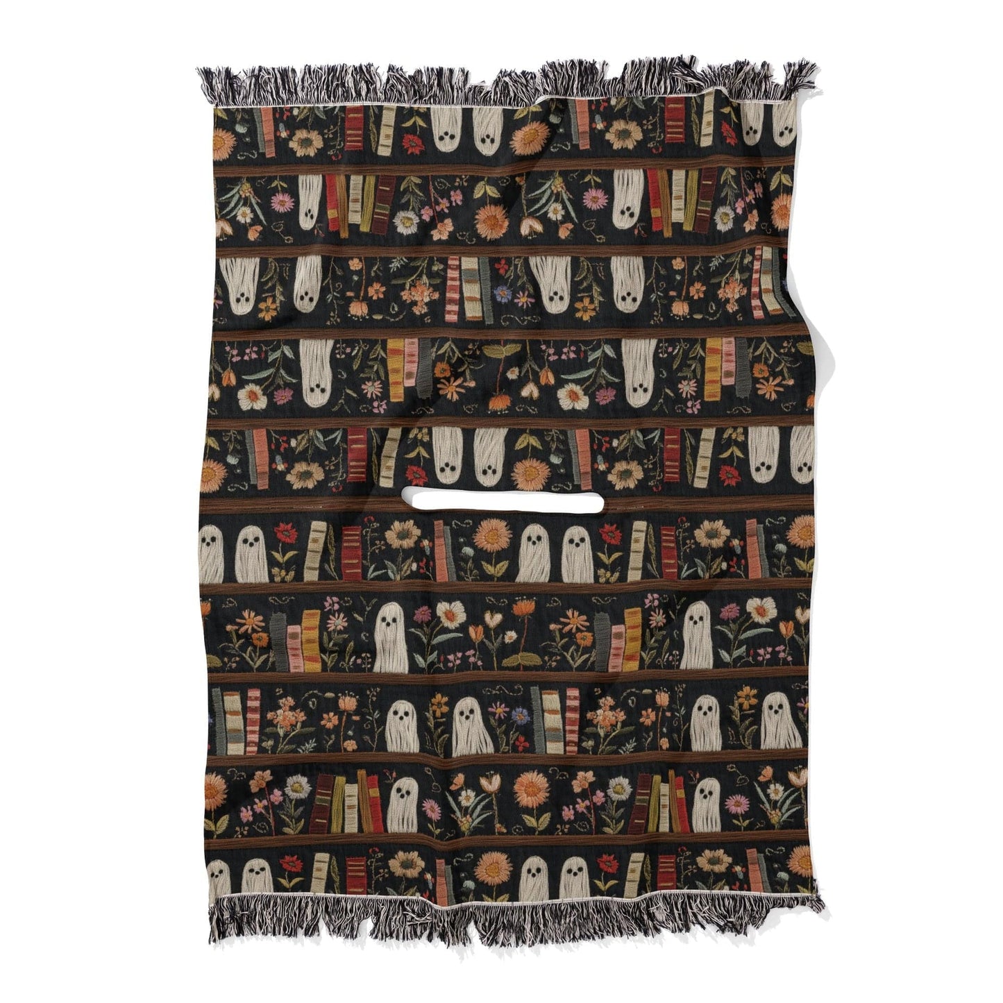 Bookish Dark Academia Poncho, Cute Ghosts on Bookshelves Woven Cotton Wearable Blanket, Whimsical Ghosts Gift for Book Lover, 50" x 60"