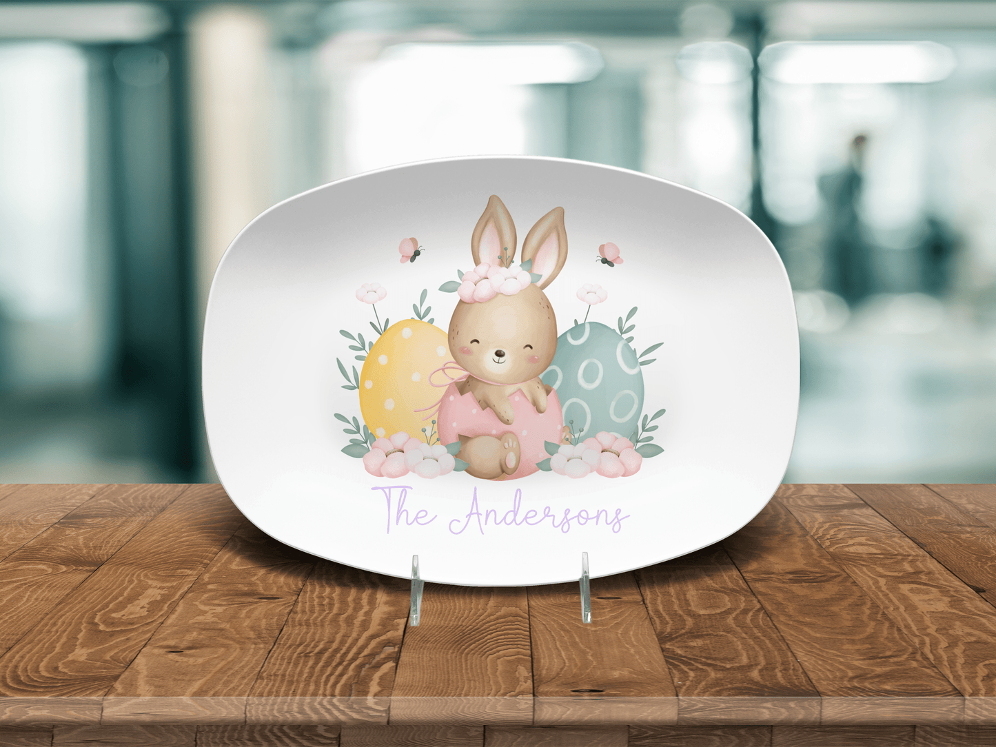 Easter Bunny Plate Custom Family Name Platter, Cute Happy Easter Eggs Personalized Display Tray, Pastel Spring Decor Brunch Serving Dish