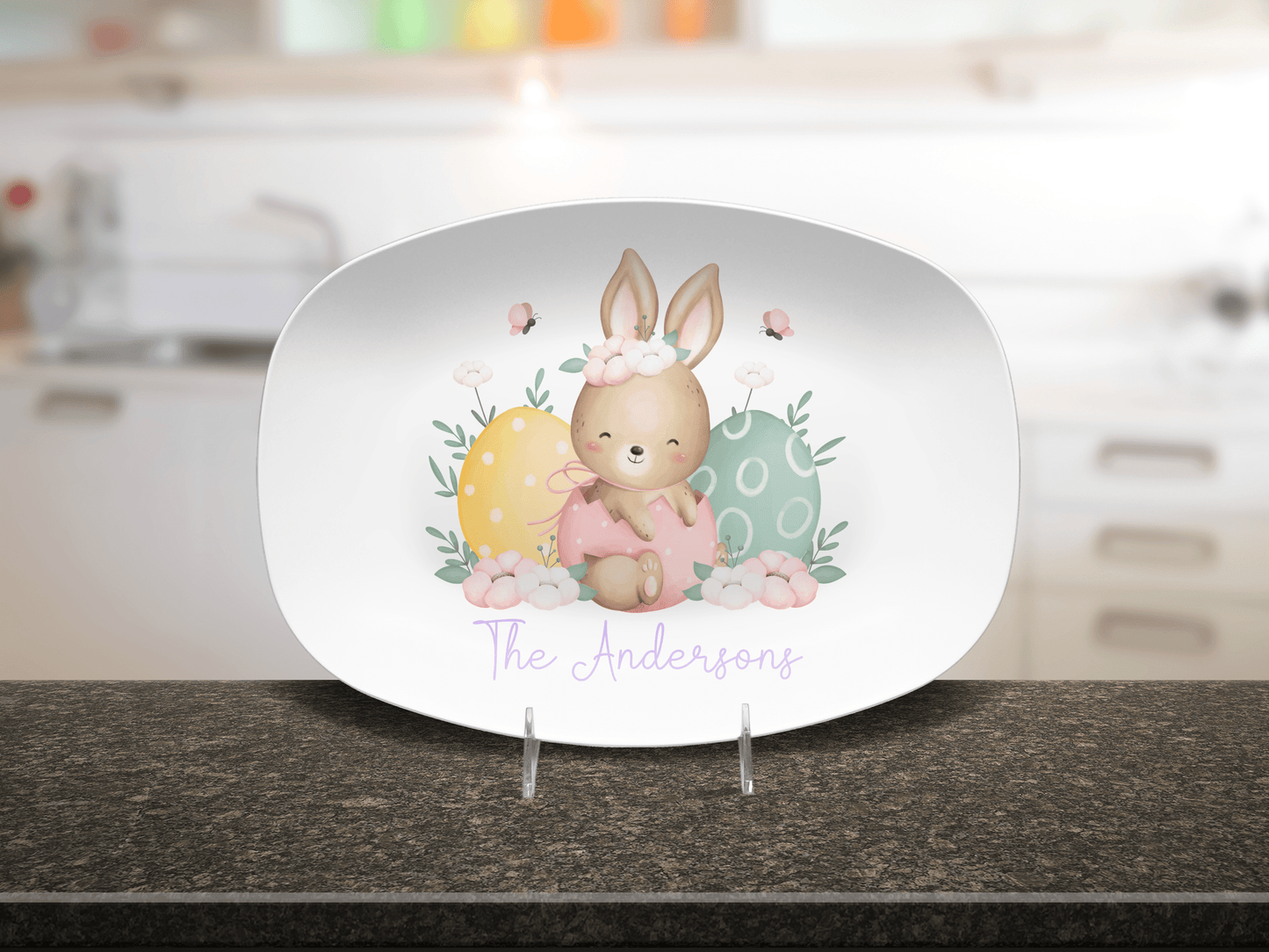 Easter Bunny Plate Custom Family Name Platter, Cute Happy Easter Eggs Personalized Display Tray, Pastel Spring Decor Brunch Serving Dish